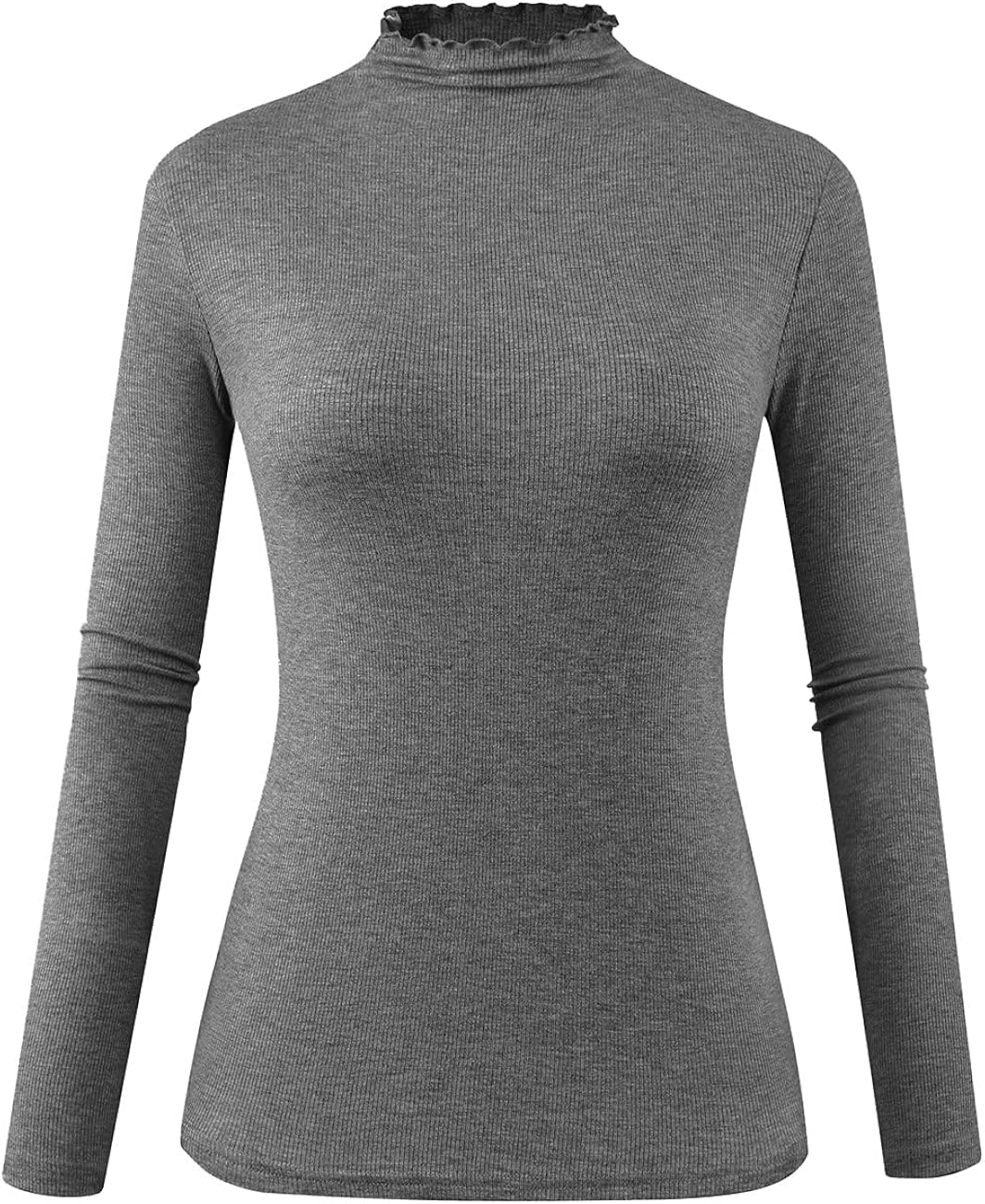 POPZONE Women's Lettuce Trim Mockneck Long Sleeve Slim Fit Ribbed Knit Tee Shirt (Heather Grey, Large)