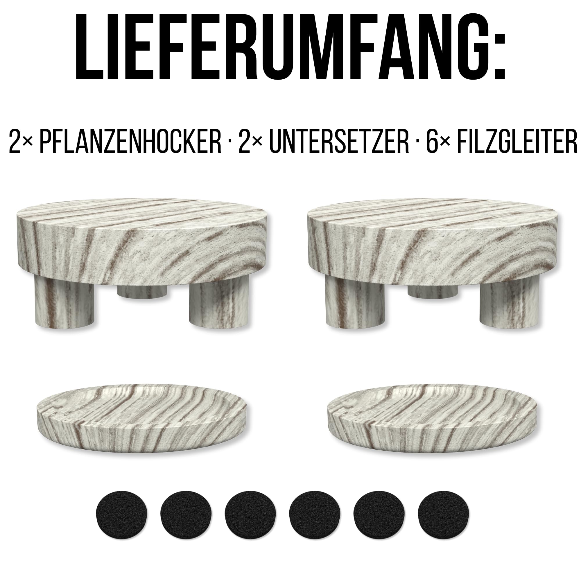 Blumenhocker Holz Set – Paulownia Holz – Für kleine Zimmerpflanzen – 2 Pflanzenhocker Ø12,7 cm + 2 Blumentopf Untersetzer Ø10 cm + 6 Filzgleiter – Natur