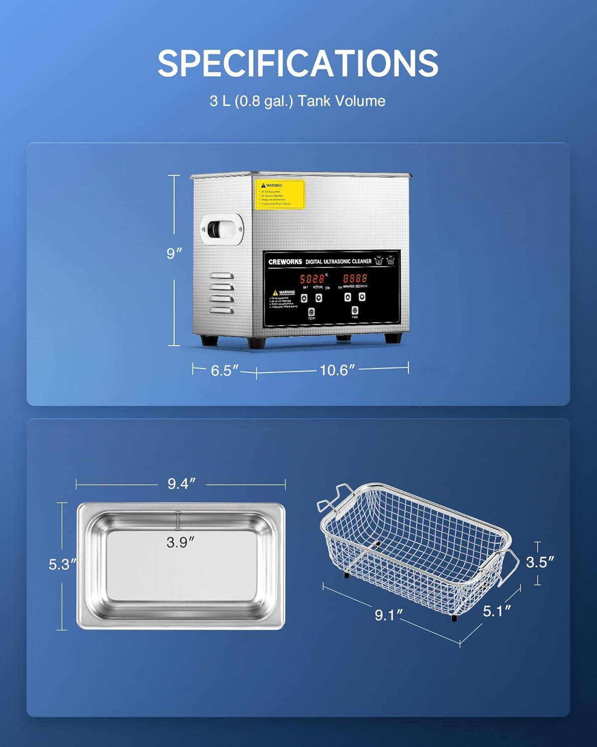 Diagram showing dimensions of Creworks Ultrasonic Cleaner and its internal basket