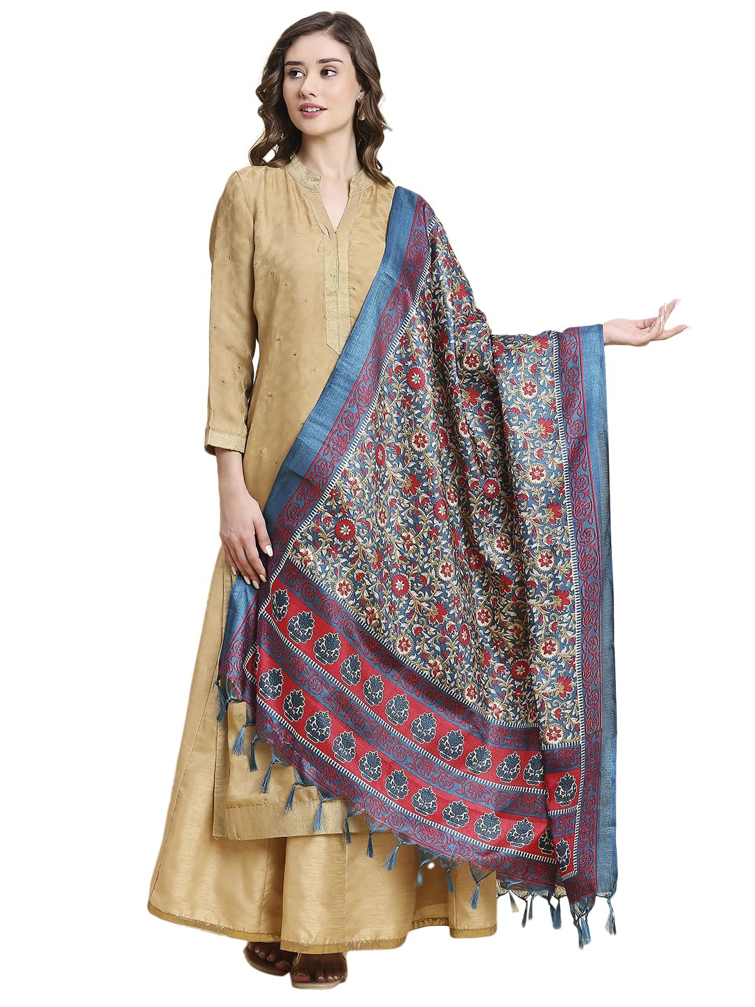 DUPATTA BAZAARWomen's Floral Printed Art Silk Dupatta Free Rama Green