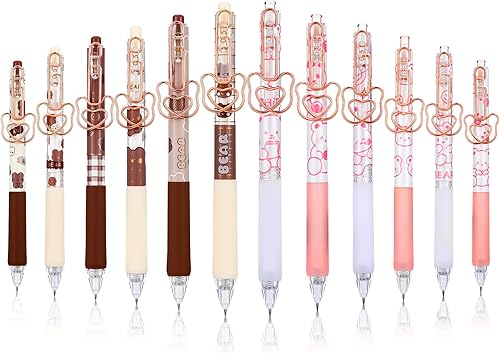 Ireer 12 bolígrafos de gel kawaii de tinta negra de 0.020 in, bolígrafos retráctiles de oso de tinta estética, regalos para niños, niños,