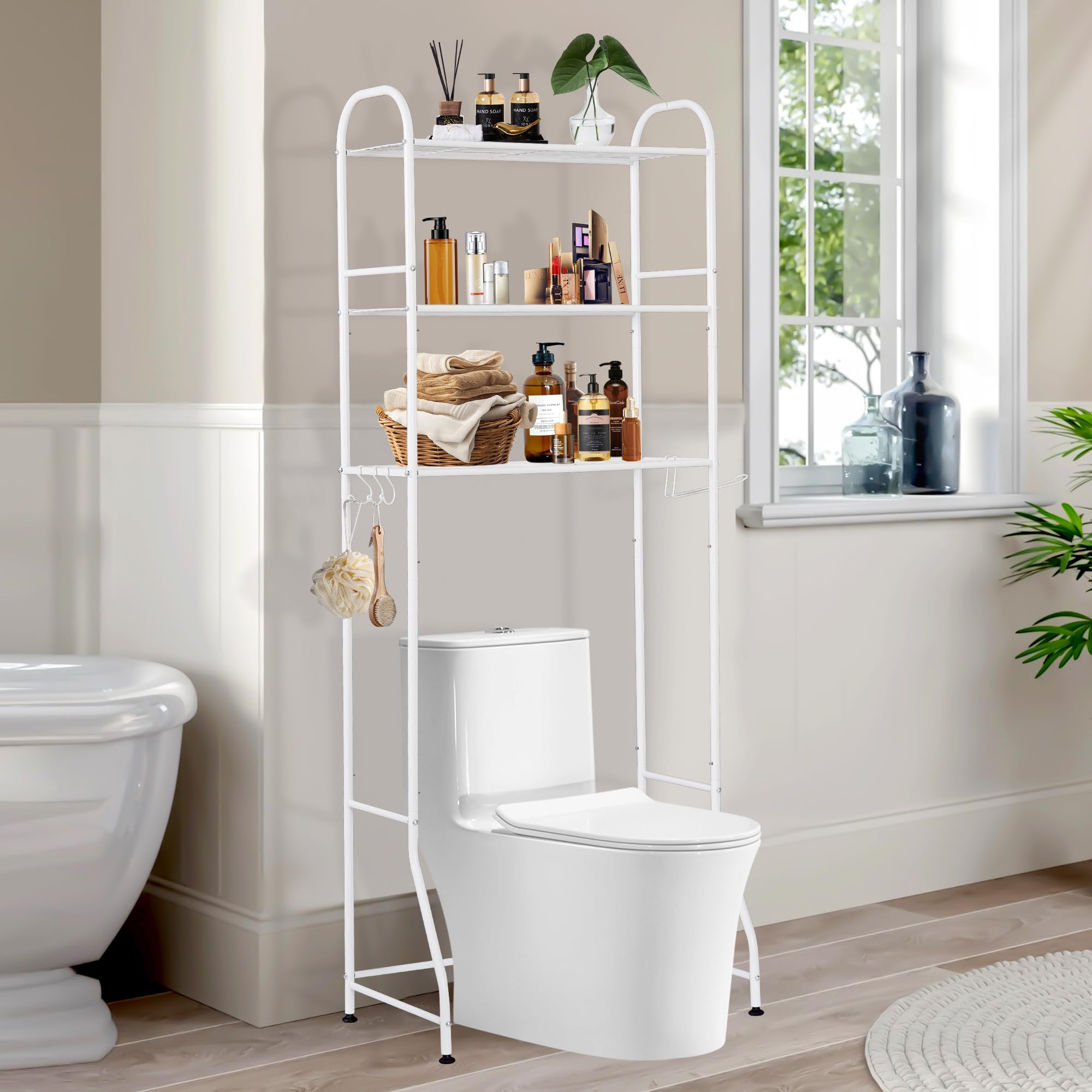 Toilettenregal aus Edelstahl, 3-stufig Weiß Bohrfrei Montage, rutschfeste Füße, Platzsparend 156x61x29cm für WC