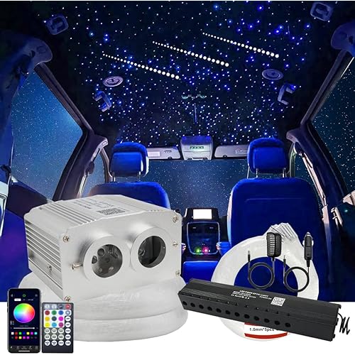 AZIMOM Dual Port 16W Twinkle Bluetooth Fiber Optic Starlight Kit 1100pcs*0.03in*13.1ft Meteor Shooting Star Fibers Strands Sound Activated RGBW APP/Remote for Car Home Starlight Headliner Decor