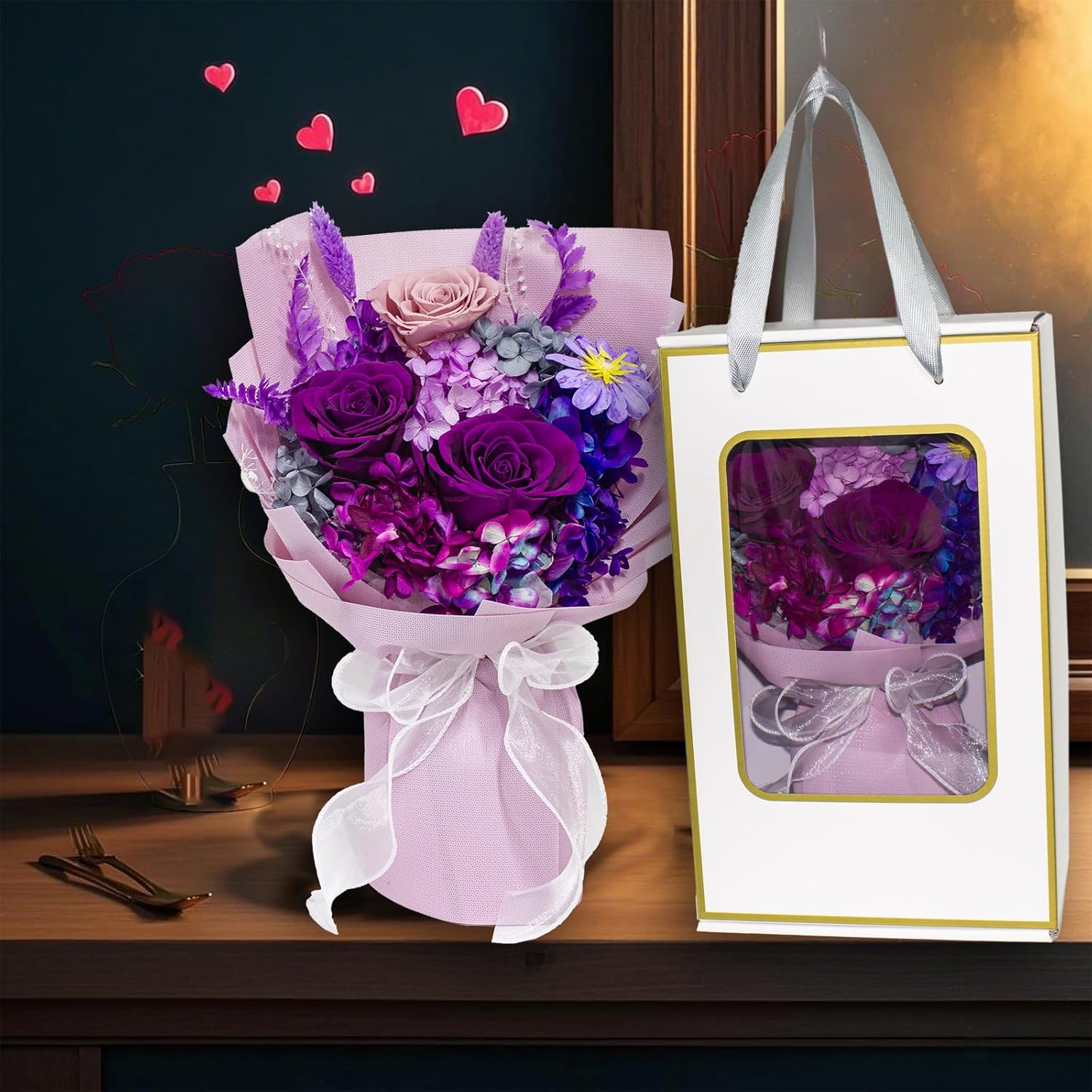 Preserved Flowers Bouquet Purple Roses Gift for Her Lasts 3 Years, Birthday Mother’s Day Valentines Day Delivery Prime - Image 4