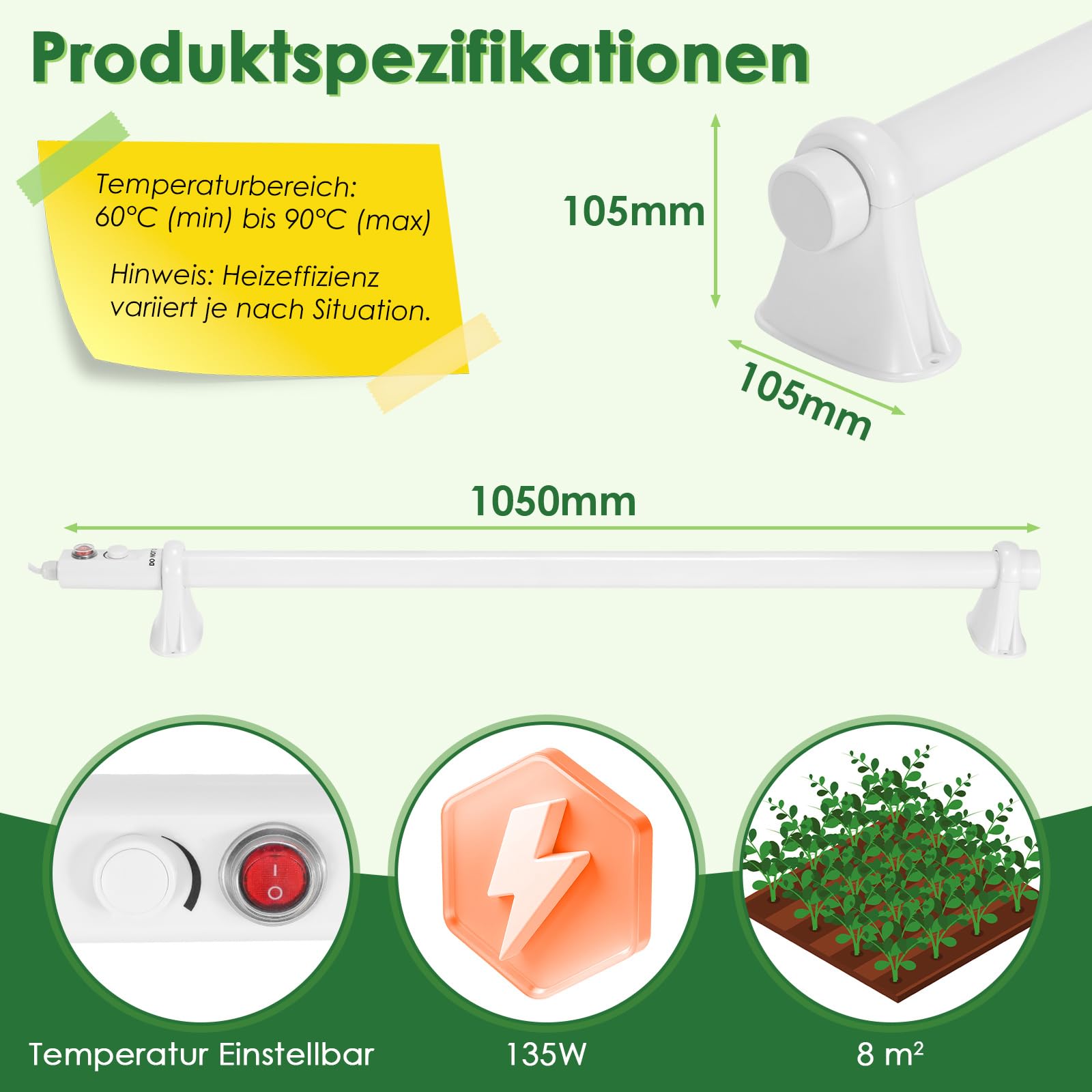 Chauffage de serre 135 W, 100 cm, protection contre le gel pour plantes