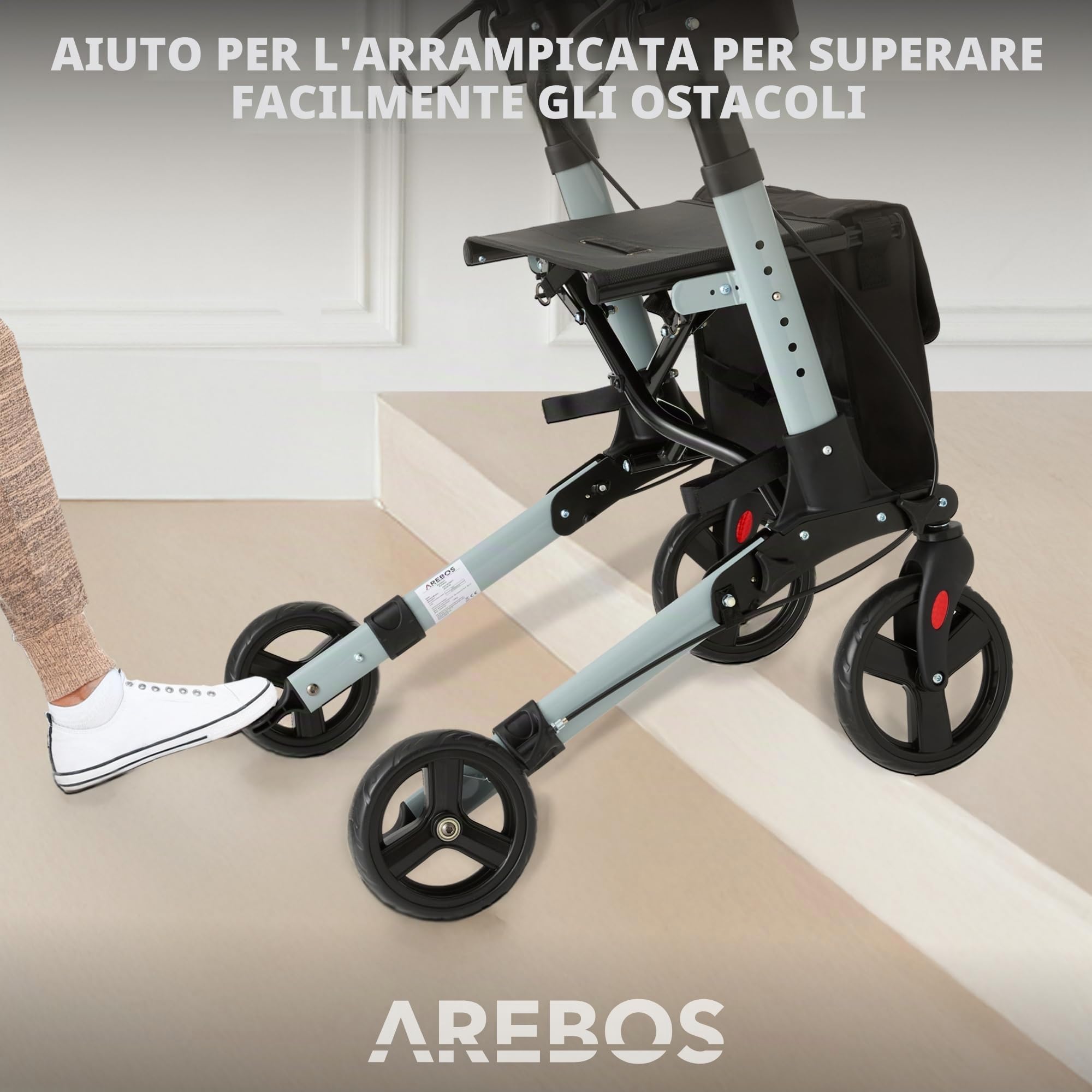 Arebos Deambulatore 4 Ruote | 136 kg | Pieghevole | Alluminio | Peso Leggero | con Borsa per la Spesa | Nero