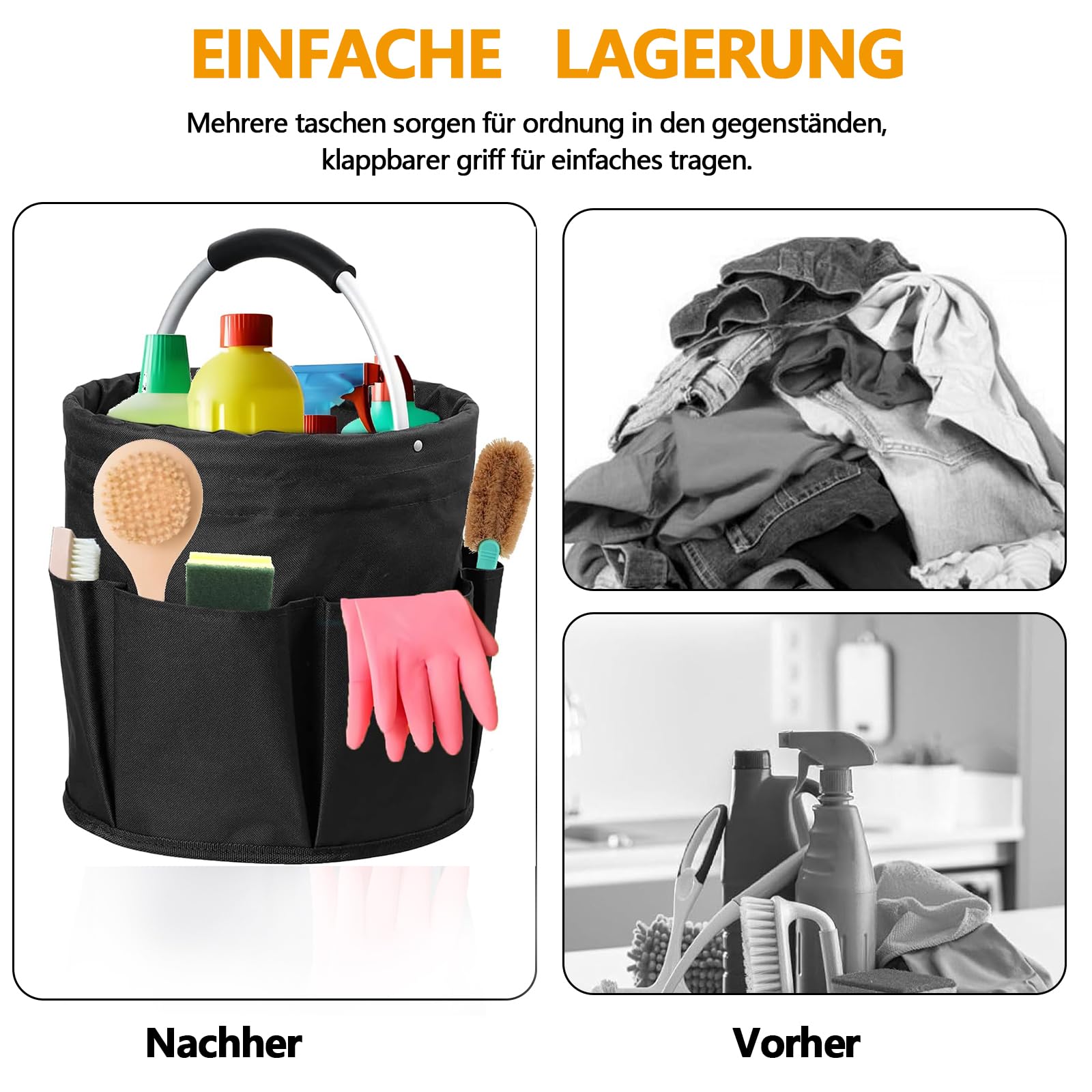 Organizer na środki czyszczące, uniwersalny Caddy, 28 x 28 cm, składany kosz do przechowywania, z uchwytem i 6 przegródkami, torba do czyszczenia wnętrz, ogrodu, łazienki, czarny