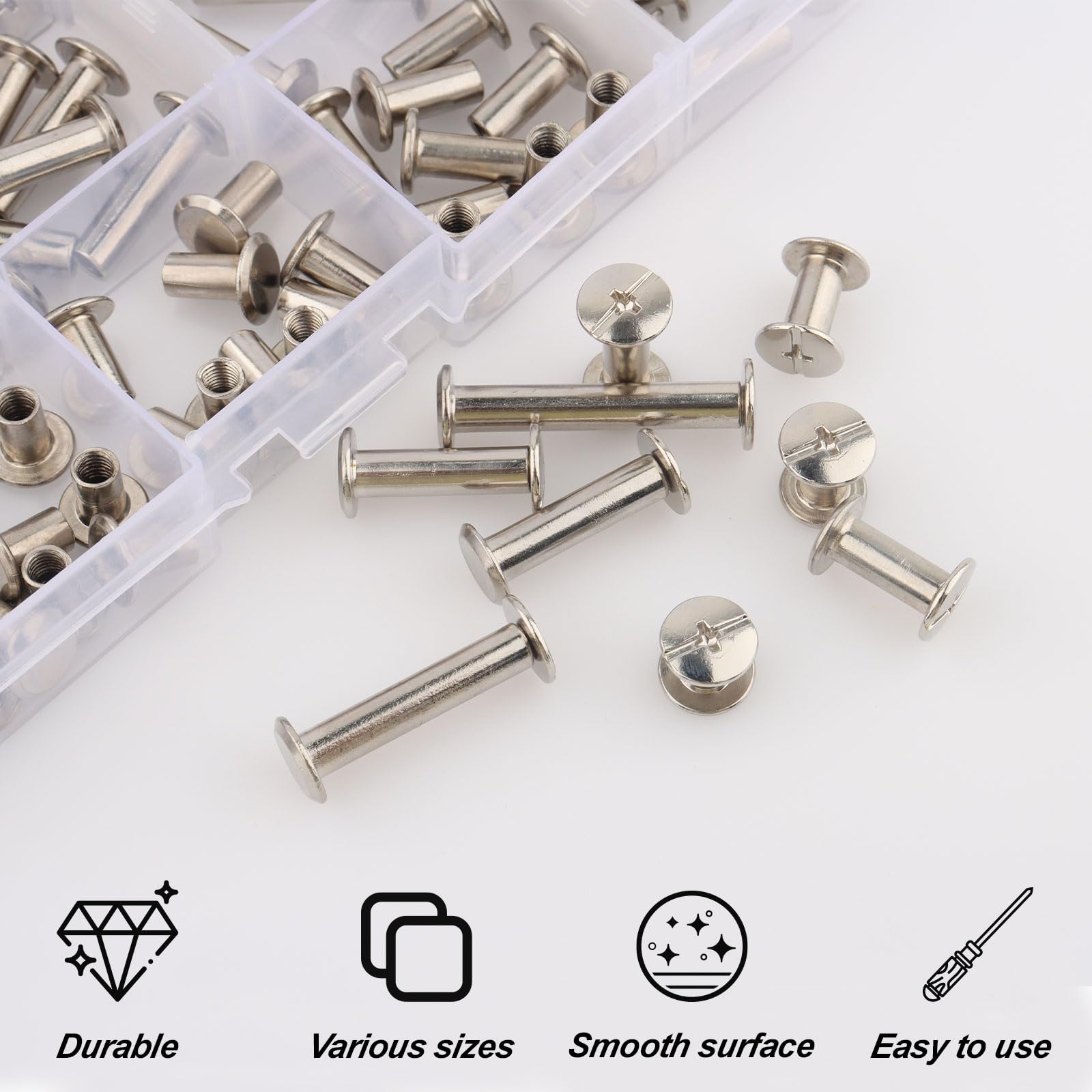 180 Rivets à Visser Pour Cuir – M4, M5, Tête Fraisée – Acier Nickelé – Pour Artisanat, Reliure, Maroquinerie