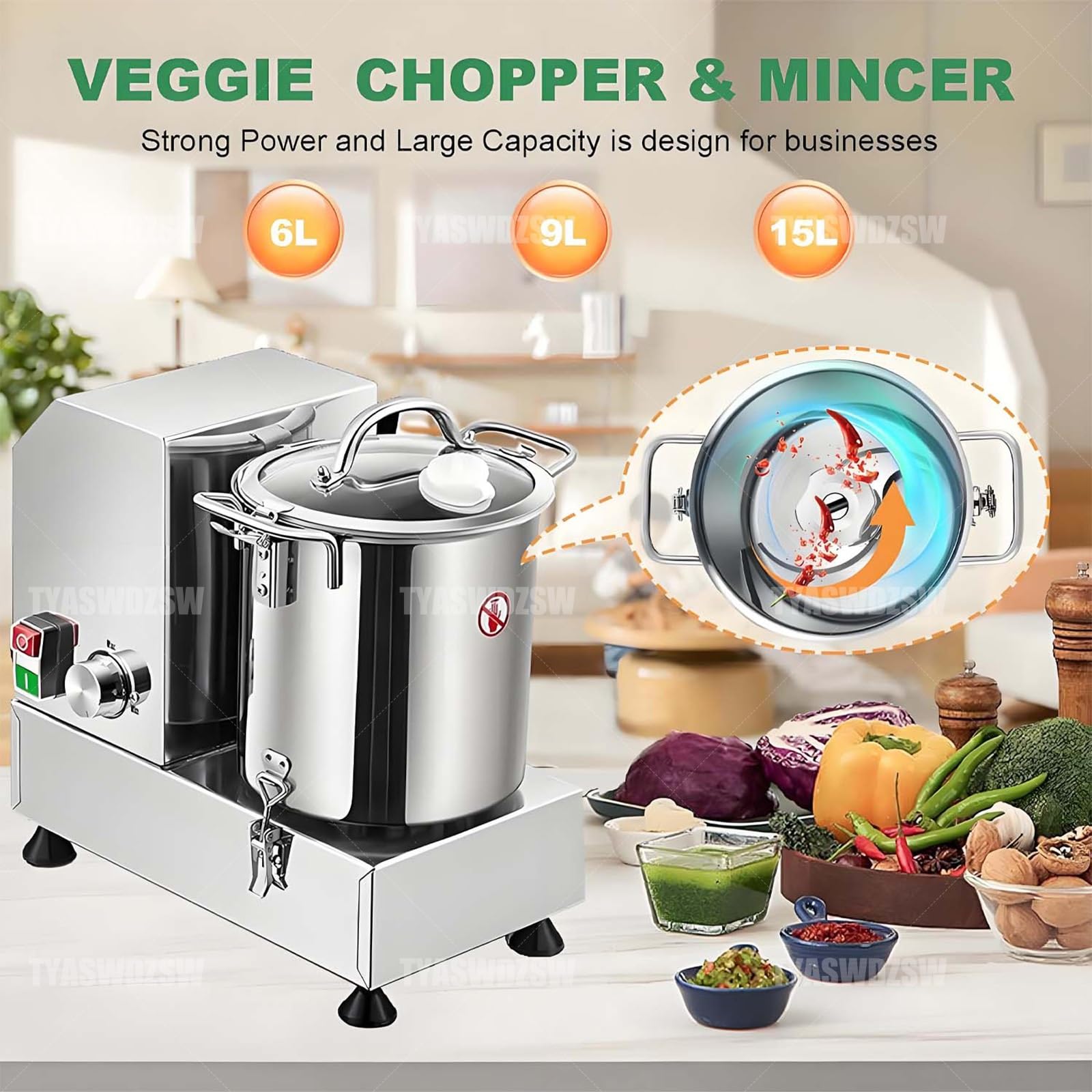 Robot Multifonction & Hachoir Alimentaire Électrique, Mixeur Commercial, Pièces Acier Inoxydable Faciles à Nettoyer, Équipé Interrupteur Magnétique pour Traiter Légumes, Viande(9L)