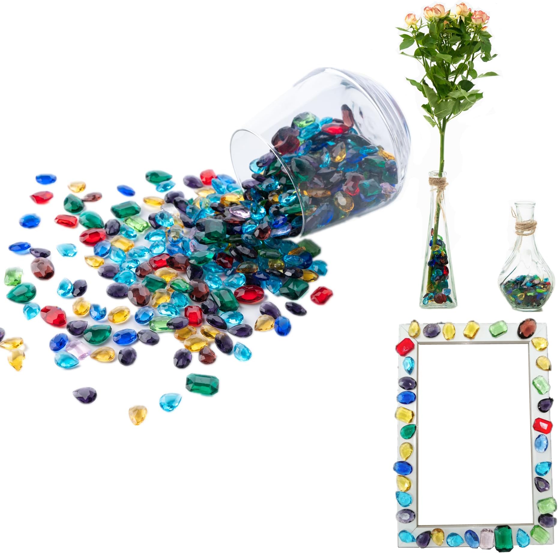 300PCS (0.66lb) Real Glass Gems Fake Jewels Pirate Treasure Fake Diamonds Gemstones for Vase Fillers Party Table Decorations