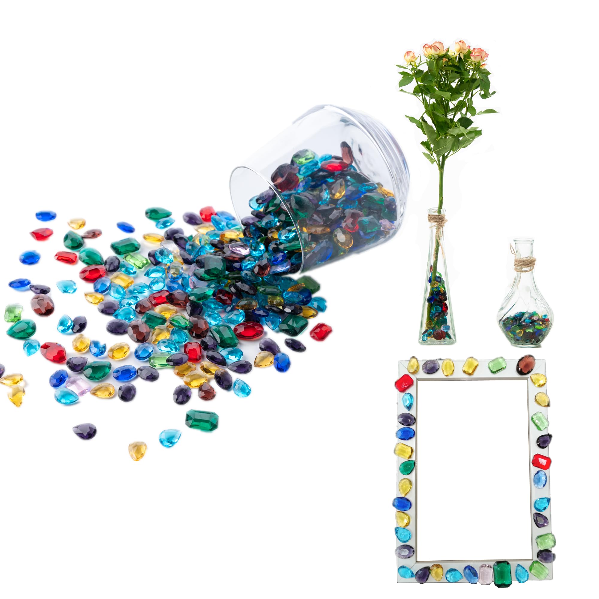 300PCS (0.66lb) Real Glass Gems Fake Jewels Pirate Treasure Fake Diamonds Gemstones for Vase Fillers Party Table Decorations