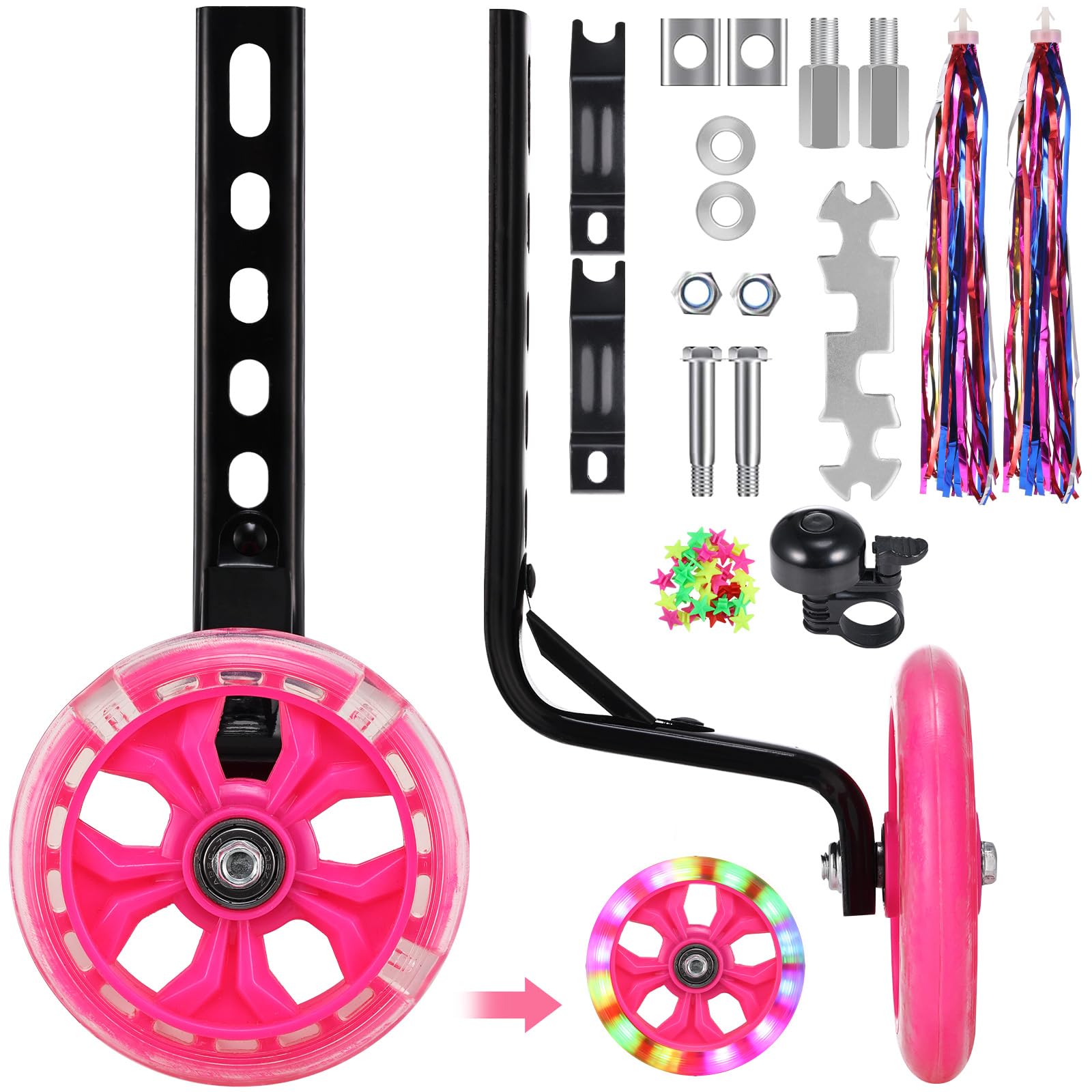 Zacro Bike Training Wheels Mute Flash Wheels with Adjustable Bicycle Axle Extenders Bolt, Training Wheels for 12 14 16 18 20 inch Kids Bike, Universal Kid Toddler Bicycle Training Wheels with Bell