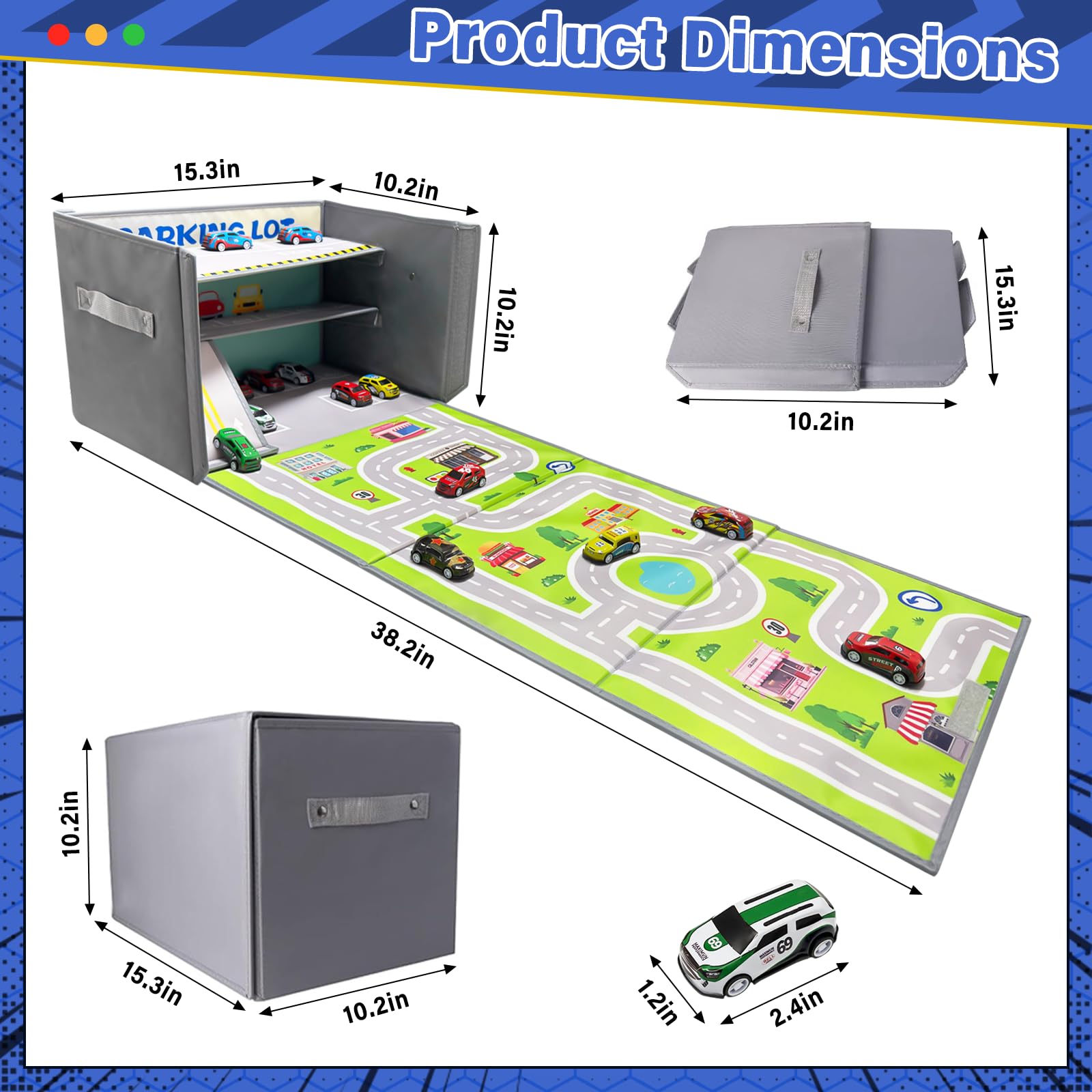 Scatola Portaoggetti per Auto Giocattolo: Garage per Auto Giocattolo per Bambini - Garage per Pieghevole 3 in 1 per Bambini - Organizzatore per e Tappeto da Gioco (Gray)