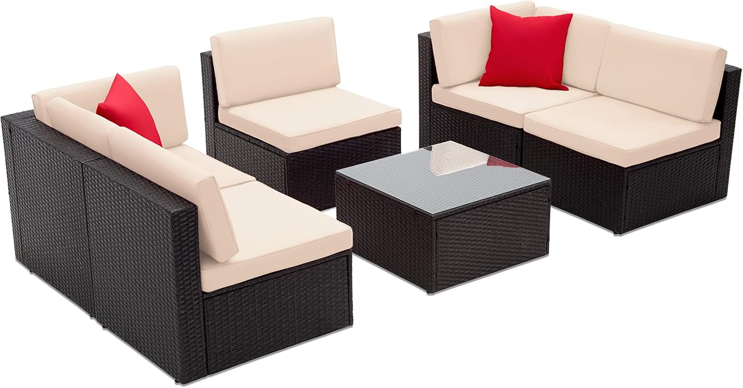 Flamaker 6 Piece Patio Furniture Outdoor Wicker Sectional Sofa with Thick Cushions & Tempered Glass Table Rattan Conversation Set for Deck, Porch, Terrace (Beige)