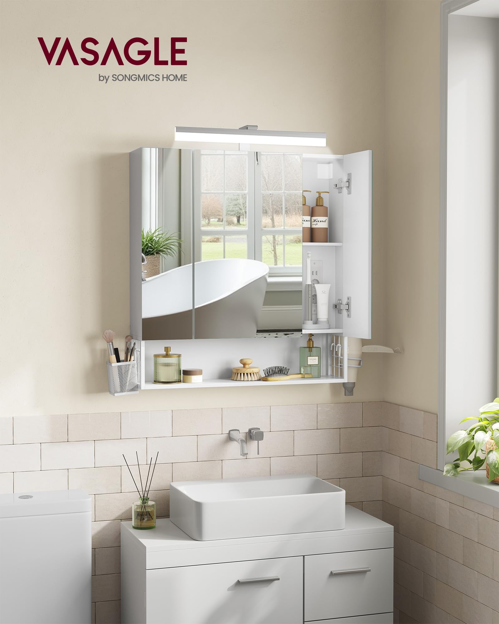 VASAGLE Mobile da Bagno con Illuminazione LED, 16,5 x 70 x 75 cm, Cestino Sospeso, Supporto per Asciugacapelli, per Lavabo, Bianco Nuvola BBK126W01