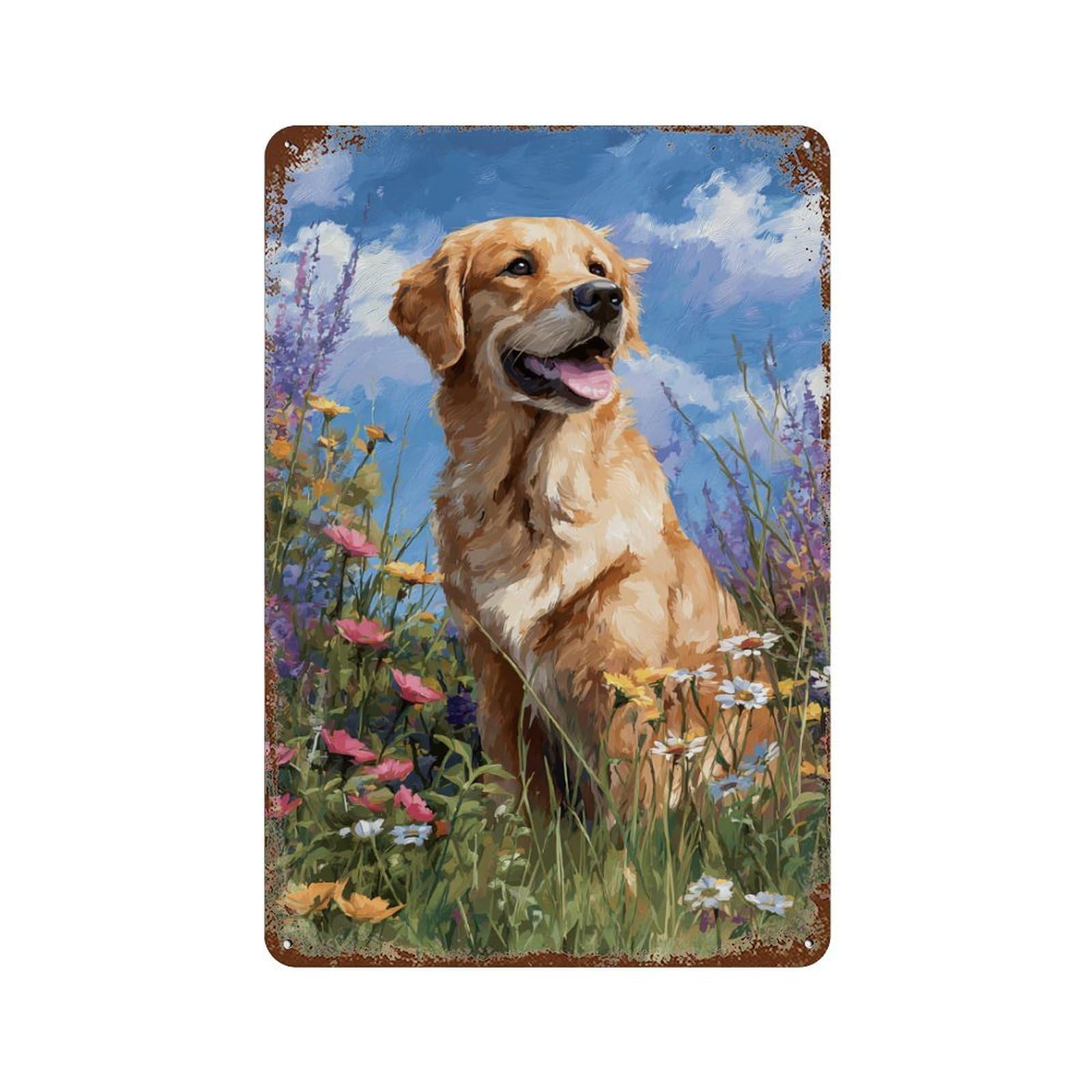Garage Style Golden Retriever in Flowers-4 Distressed Metal Wall Sign 11.8"x7.9", Shabby Chic Decor for Bar And Workshop