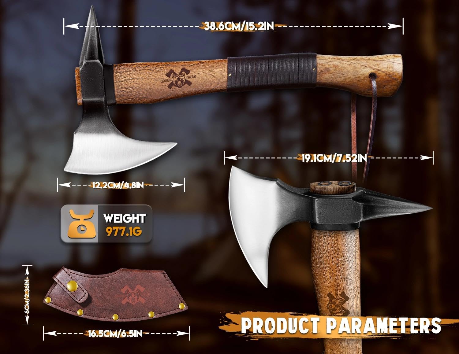 Beil Outdoor Holz Spalten Handgeschmiedet Handbeil mit Kuhfuß,Bushcraft Axt mit Holzgriff und Lederscheide,Camping Axt Geschenk für Männer Long