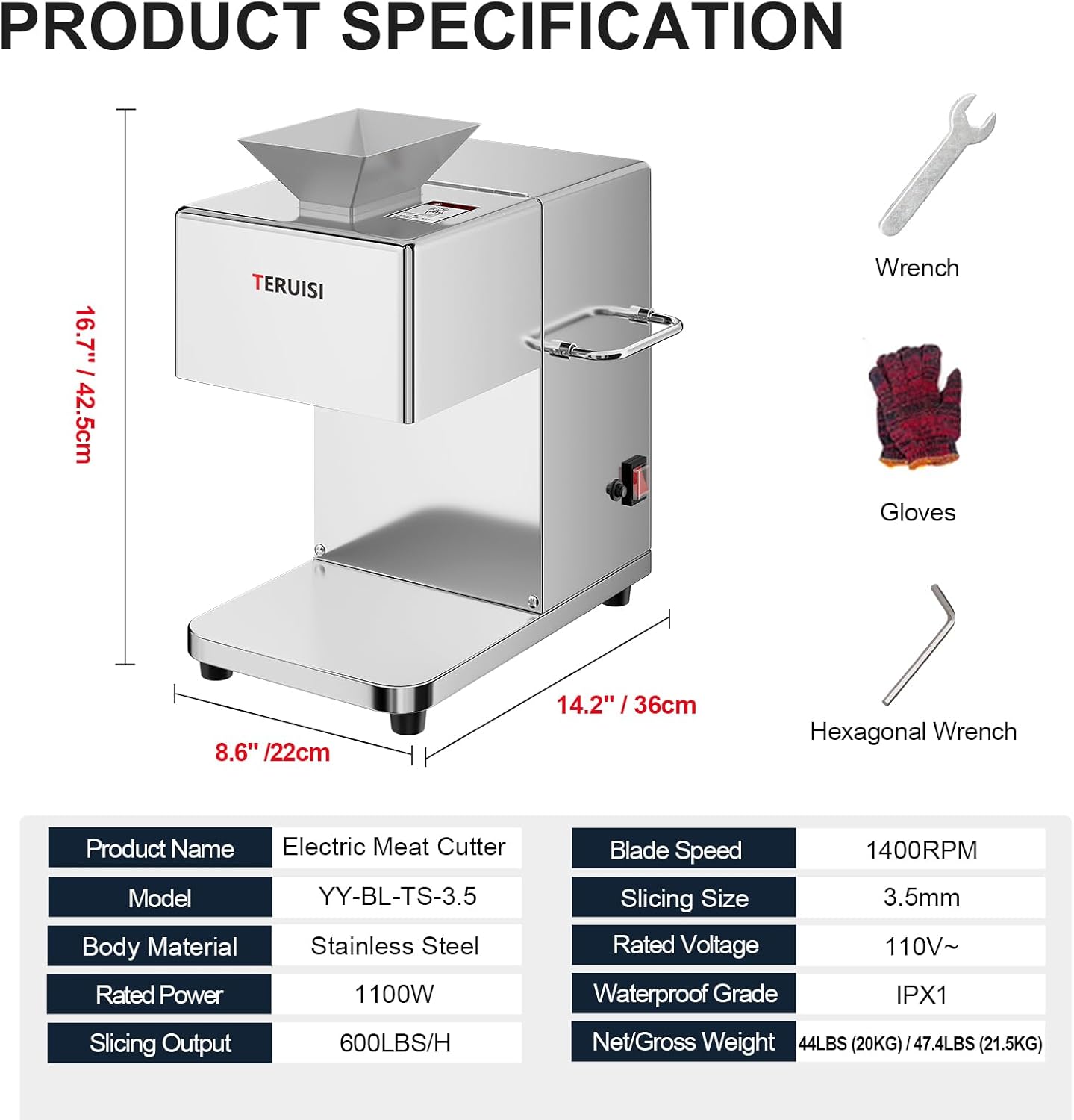 Meat Cutter Machine, 1100W Commercial Meat Slicer with 600LBS/H Slicing Output, 3.5mm Electric Meat Slicer Cutting Machine with Removable Blade for Boneless Meat Soft Vegetables