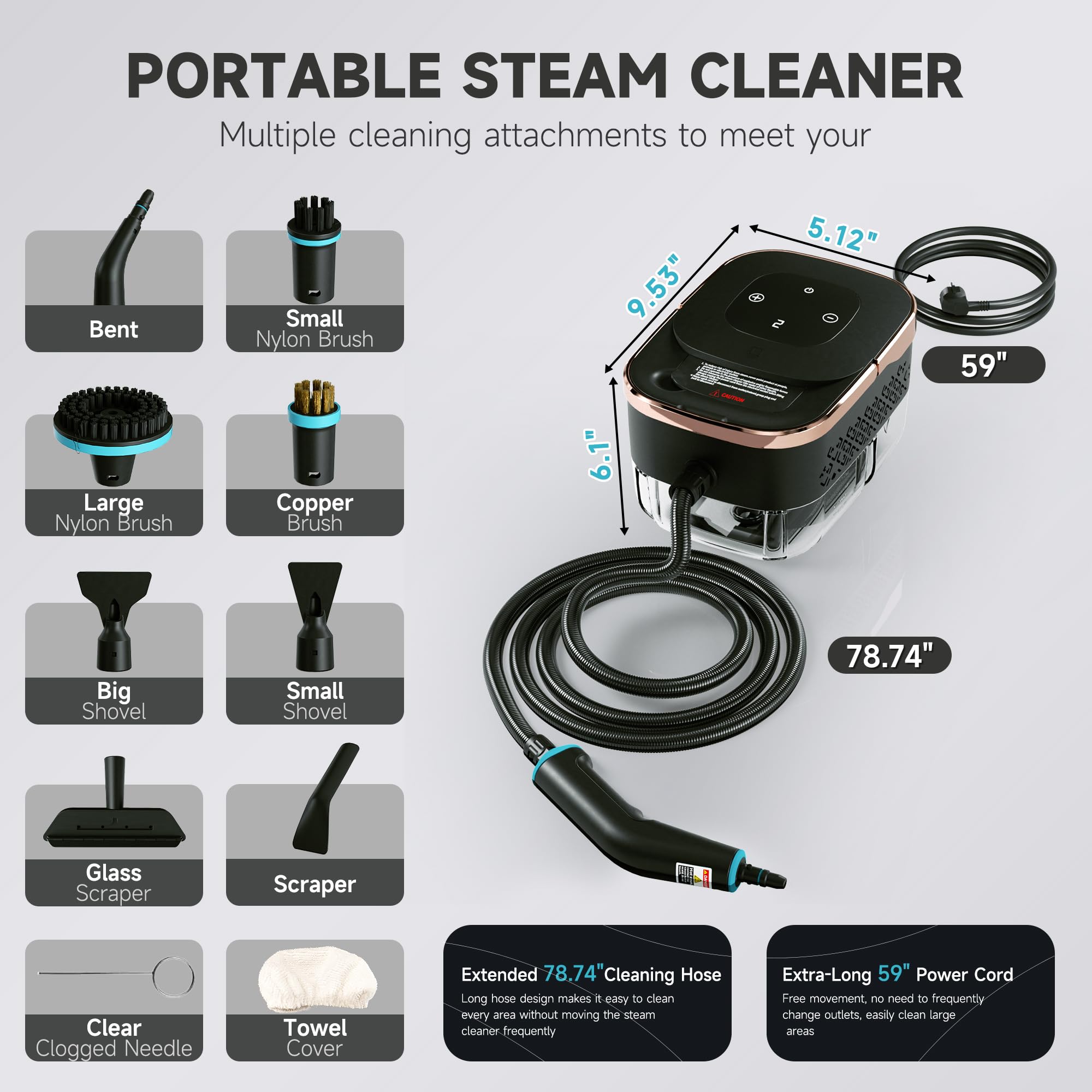 Limpiador a vapor, vaporizador portátil para limpieza, vaporizador de limpieza multiusos con cabezales de repuesto para el hogar, suciedad, grasa, lechada, azulejos, piso, detalles de