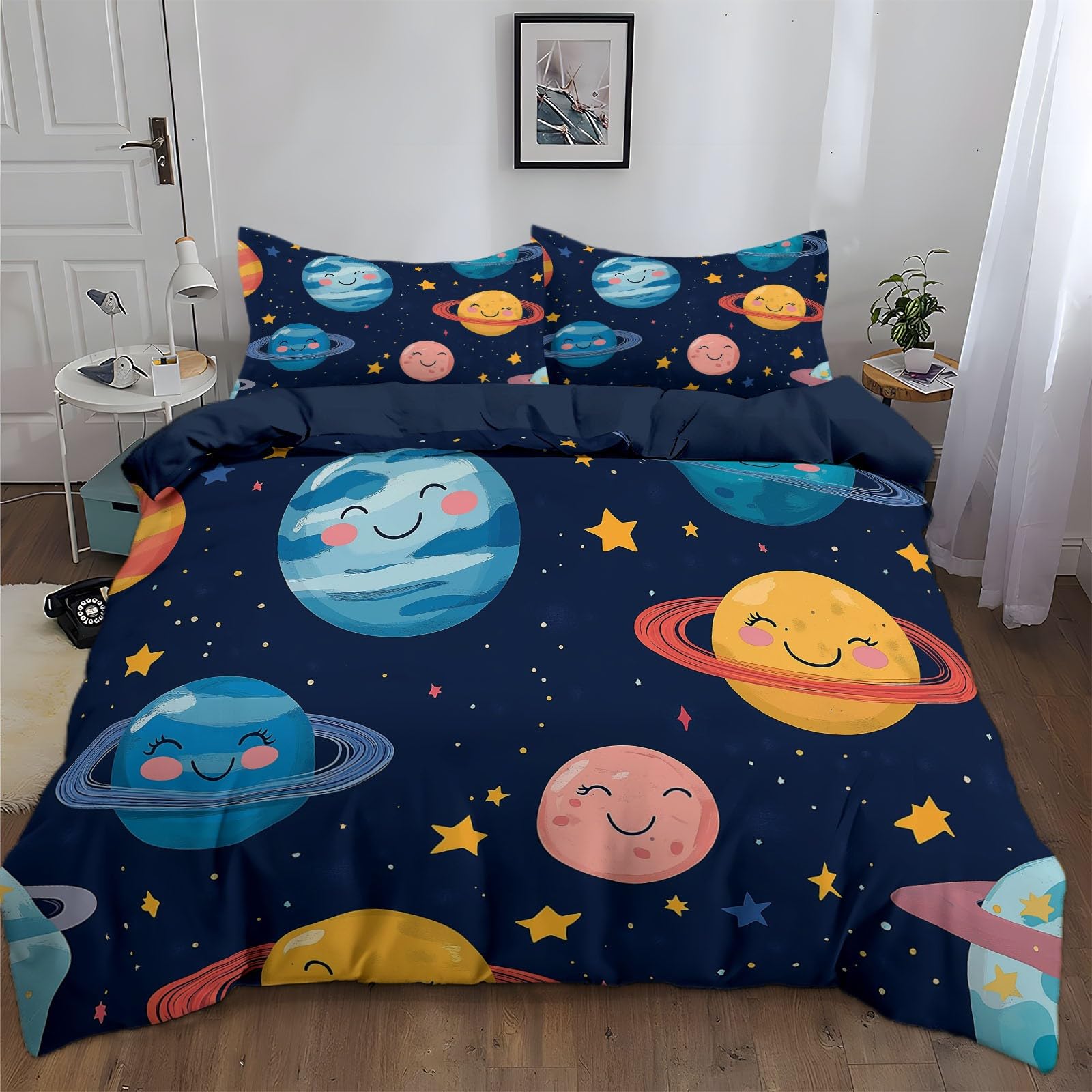 Duvet Cover King Size Cartoon Space Planet Reversible 3 Pieces Duvet Cover Set, Bedding Set for All Season, Soft and Breathable Bedding Set with Zipper Closure