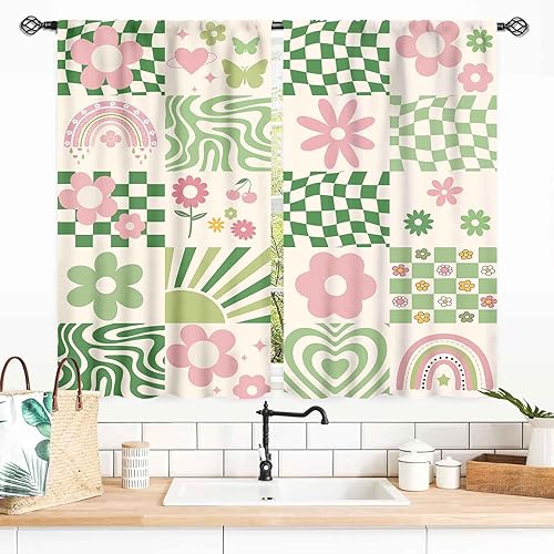 Miniatura 42 de Cortinas de cocina florales retro de los años 70 para ventana, diseño de flores naranjas hippie, estéticas, bohemias, opacas, pequeñas, cortas, para