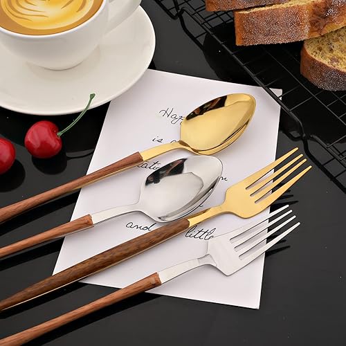 Miniatura 8 de JASHII Juego de cubiertos con mango de madera, juego de cubiertos de acero inoxidable de 20 piezas, pulido con espejo, juego de cucharas y tenedores