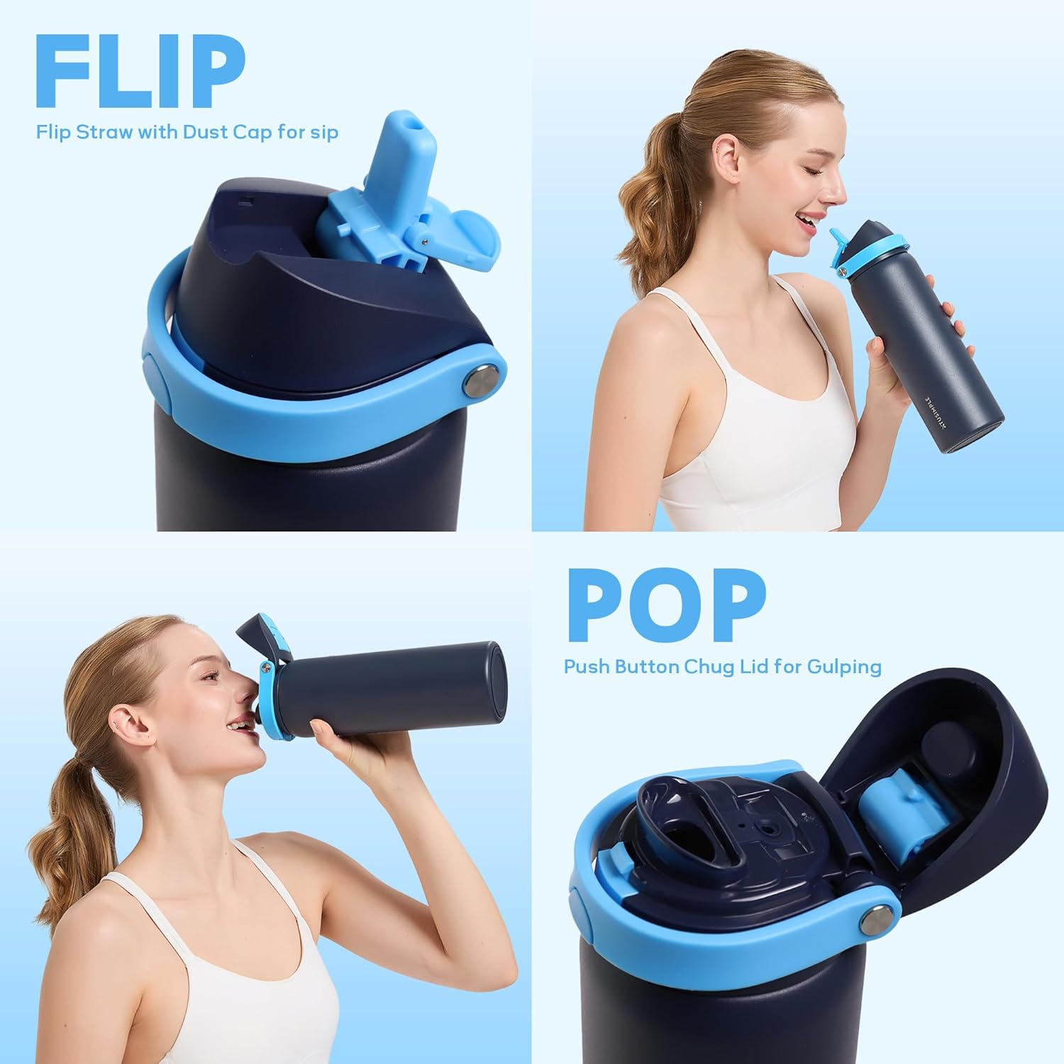 32 oz Insulated Water Bottle for Travel, 2-in-1 Quick Flip Straw and Push Button Spout Lid, Triple Walled Vacuum Stainless Steel Keep Cold for 30Hrs, Leakproof, for Gym, Hiking, Trip, Blue - Image 2