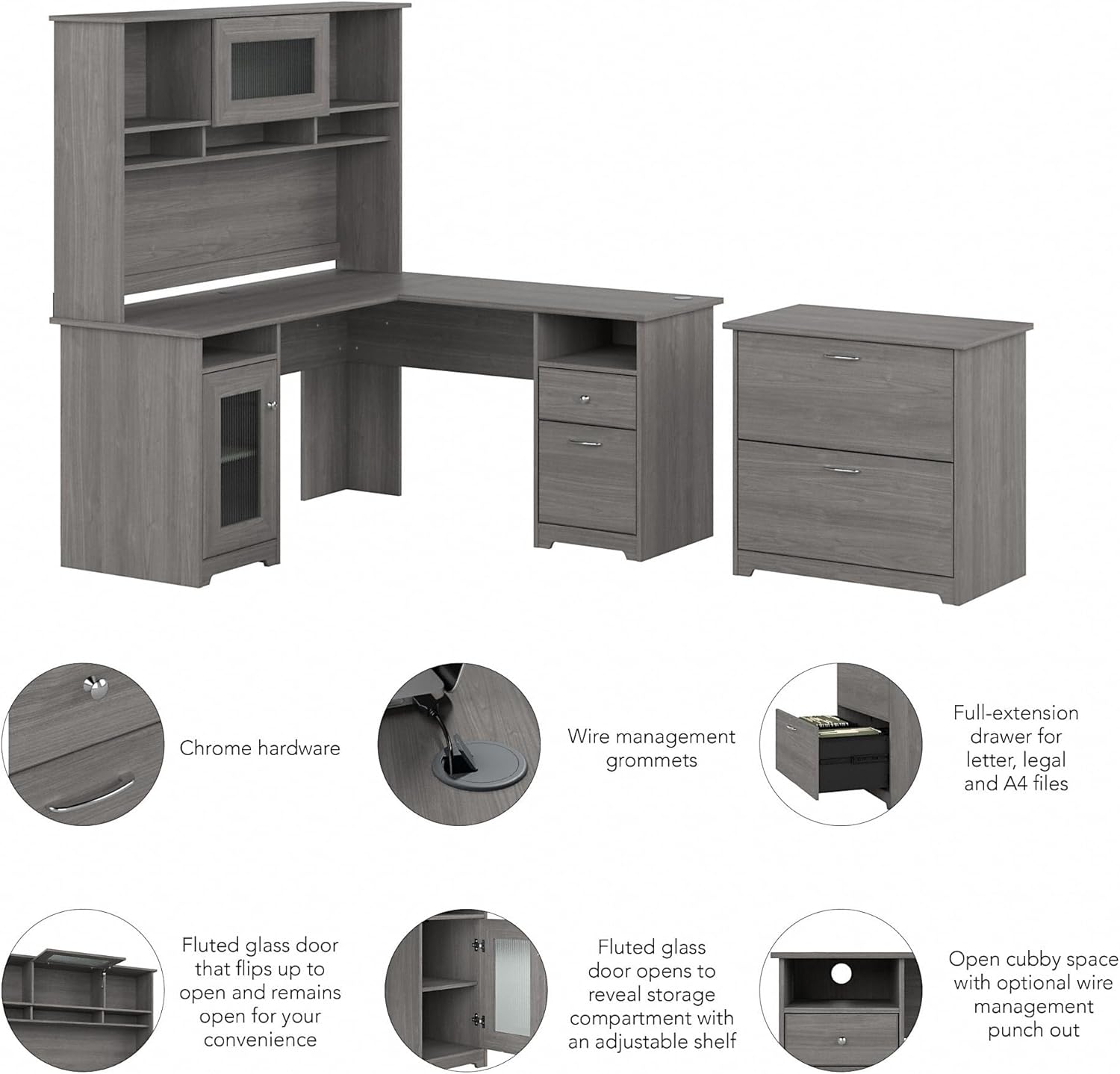 Bush Furniture Cabot 60W L Shaped Computer Desk with Hutch and Lateral File Cabinet in Modern Gray