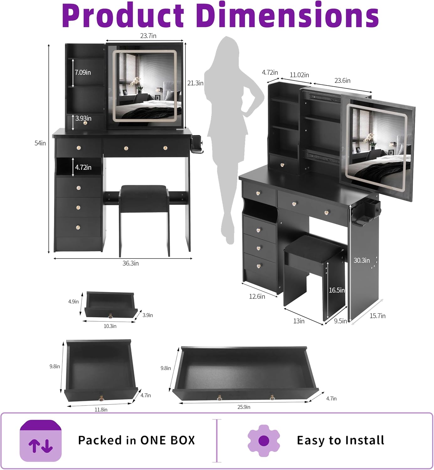 37'' Vanity Desk Set with LED Sliding Mirror & Cushioned Stool, Dresser Set with 2 AC+2 USB Outlets & Hair Dryer Holder, Touch Control 3-Color Light for Bedroom, Black