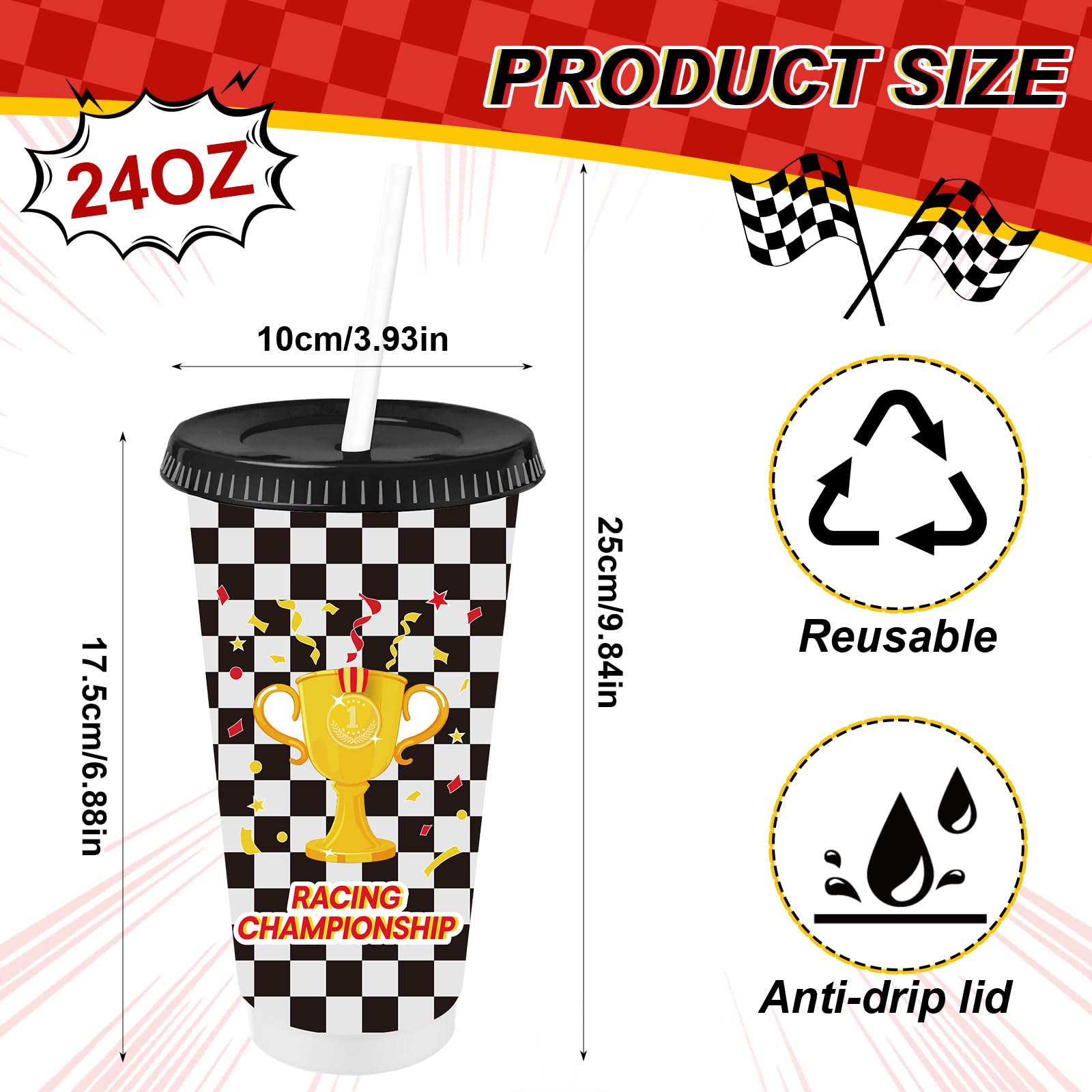 24er Set Rennwagen Partybecher 710ml mit Deckel Strohhalm | Trinkbecher mit Deckel für Kindergeburtstag Auto Motto Party Race Car Deko Mitgebsel