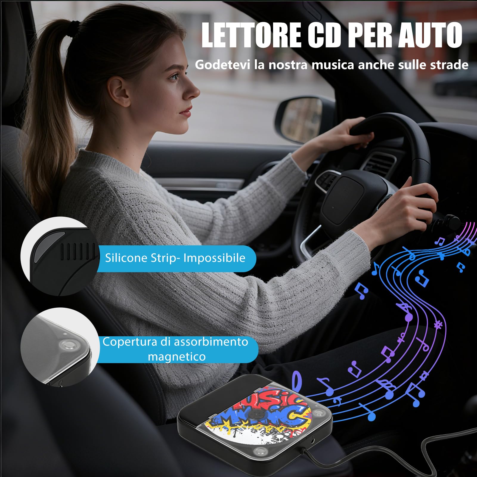 Lettore CD portatile per auto, Plug and Play, con porta USB e AUX, prolunga USB, lettore CD musicale