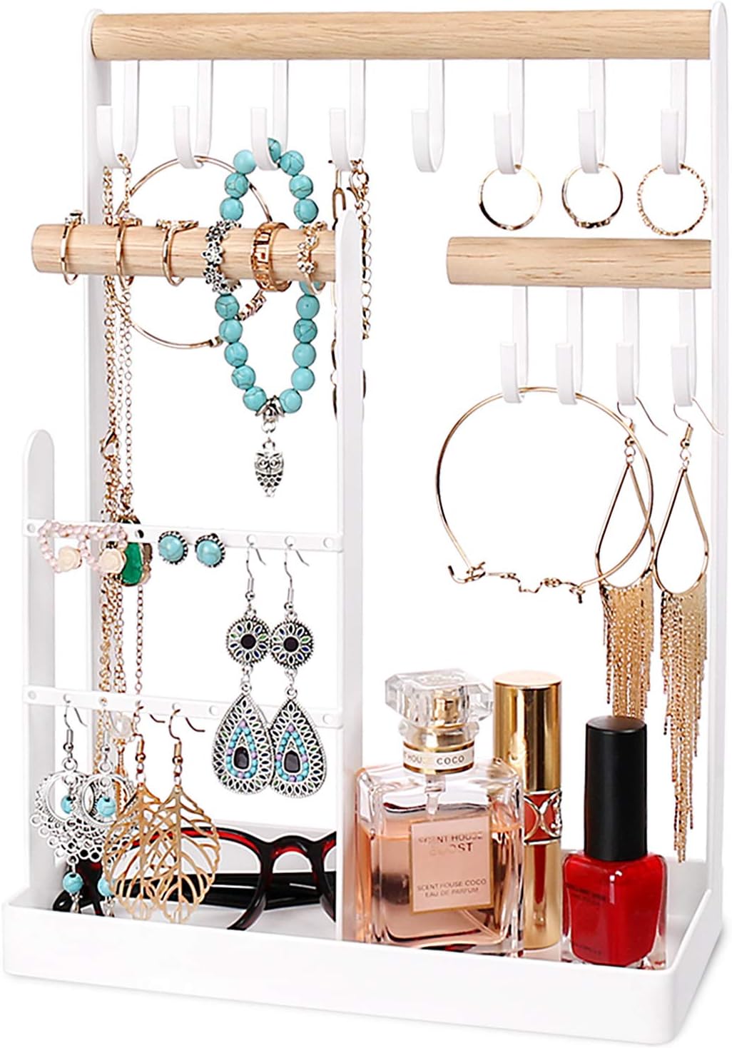 punemi Jewelry Stand Organizer,Necklace Holder Earring Display Stand Jewelry Tree with Wooden Ring Tray and Hooks Storage Necklaces, Bracelets, Rings, Watches Metal Desk Organizer Stand,White
