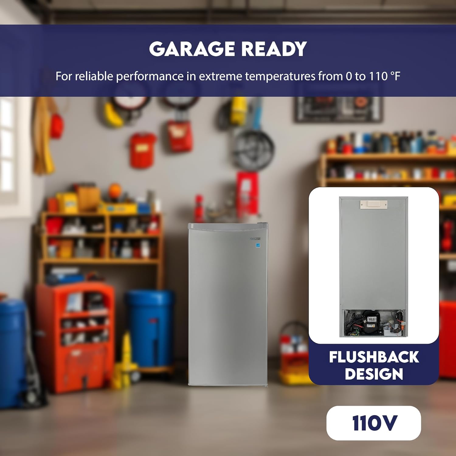 Conserv 4.3 cu. ft. Compact Upright Freezer in a garage setting, highlighting its garage-ready and flush-back design.