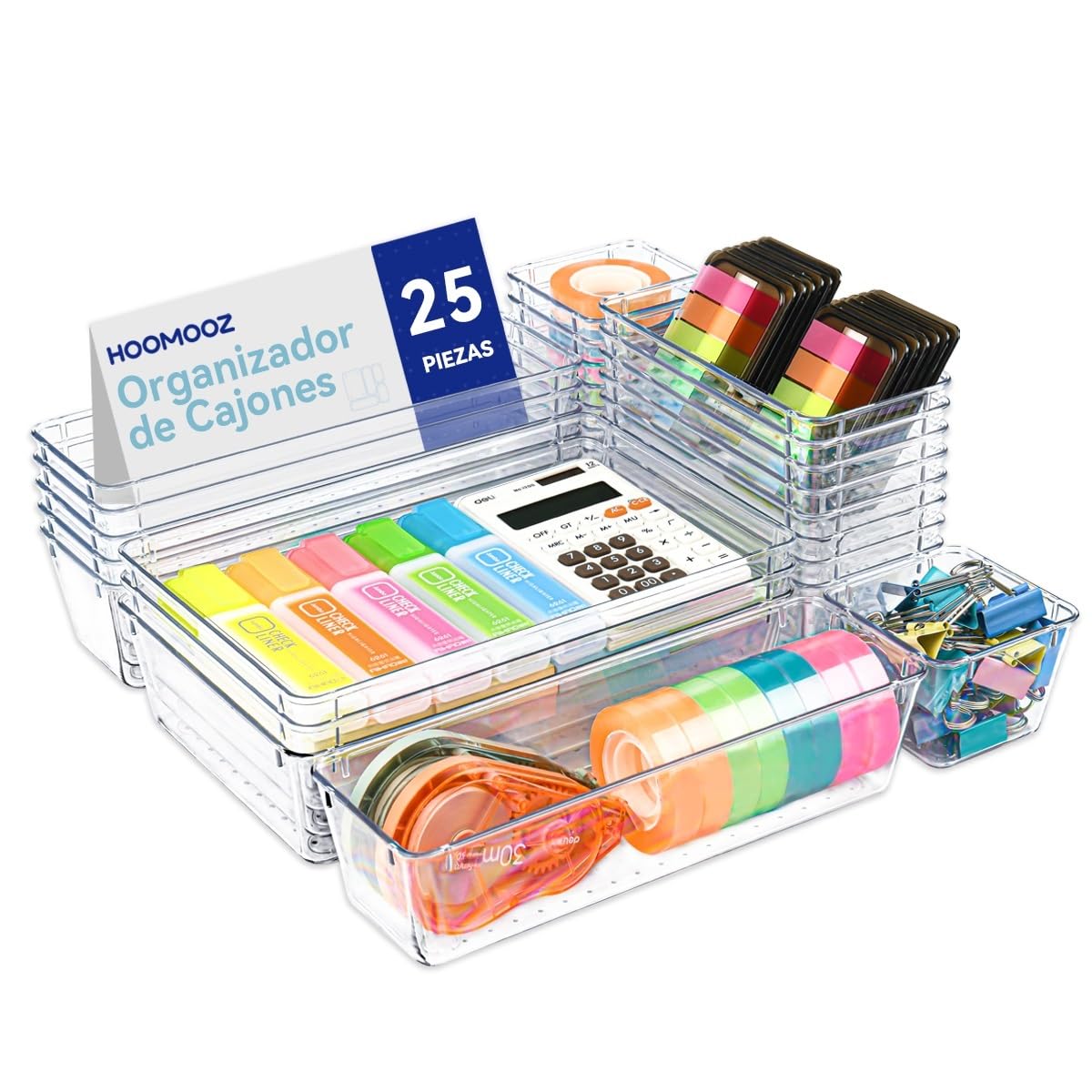 HOOMOOZ Organizadores de Cajones Set de 25, Separadores de Cajones de Escritorio Plástico, Bandejas de Almacenaje para Maquillaje, Joyas, Tools, Cocina, Dormitorio, Baño, Oficina
