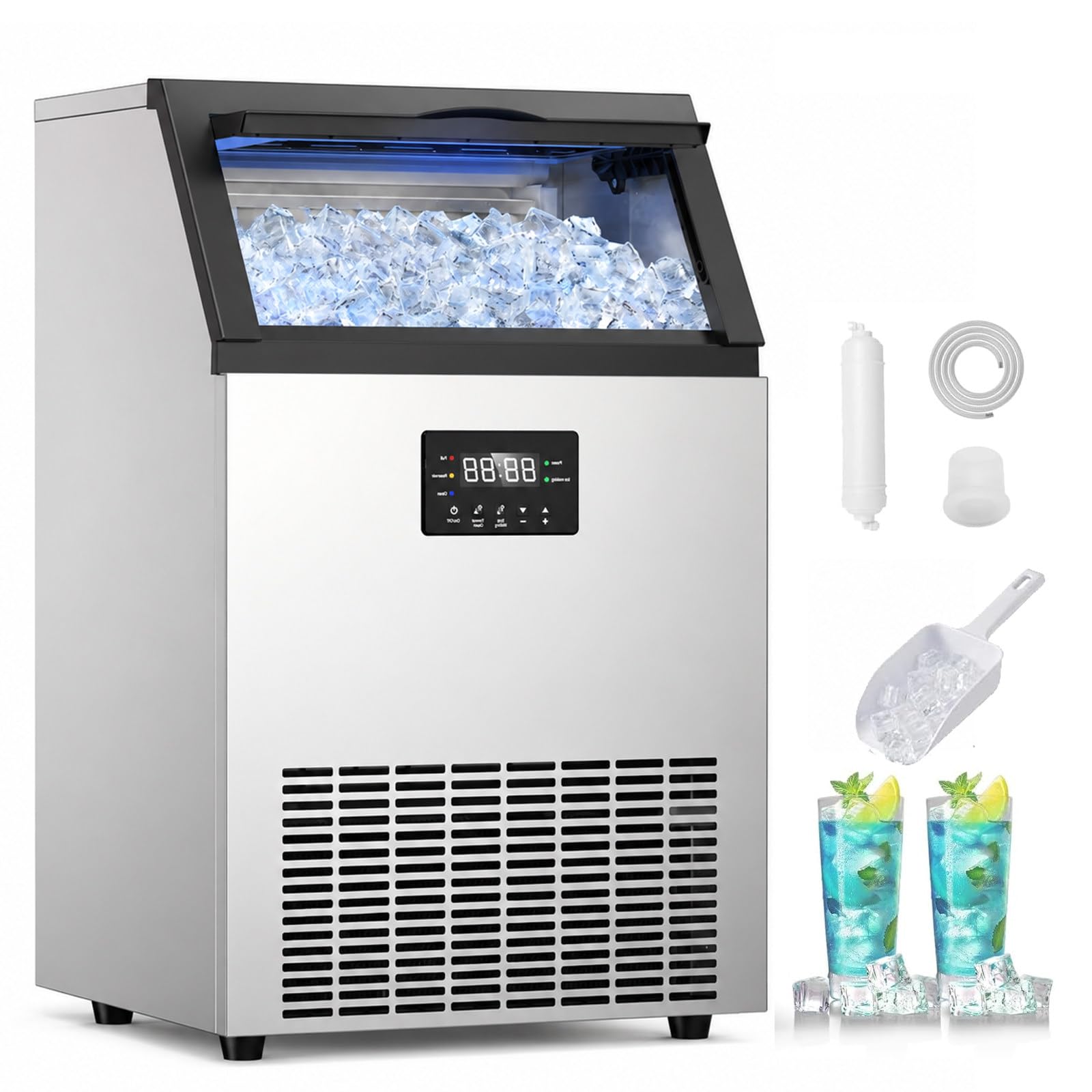 Profesjonalna Kostkarka 45-60KG/24H, 15KG Zapas Lodu, 45-60 Kostek w 8 Minut, Samoczyszcząca, Panel Sterowania LED, Idealna do Gastronomii 55IceCubes