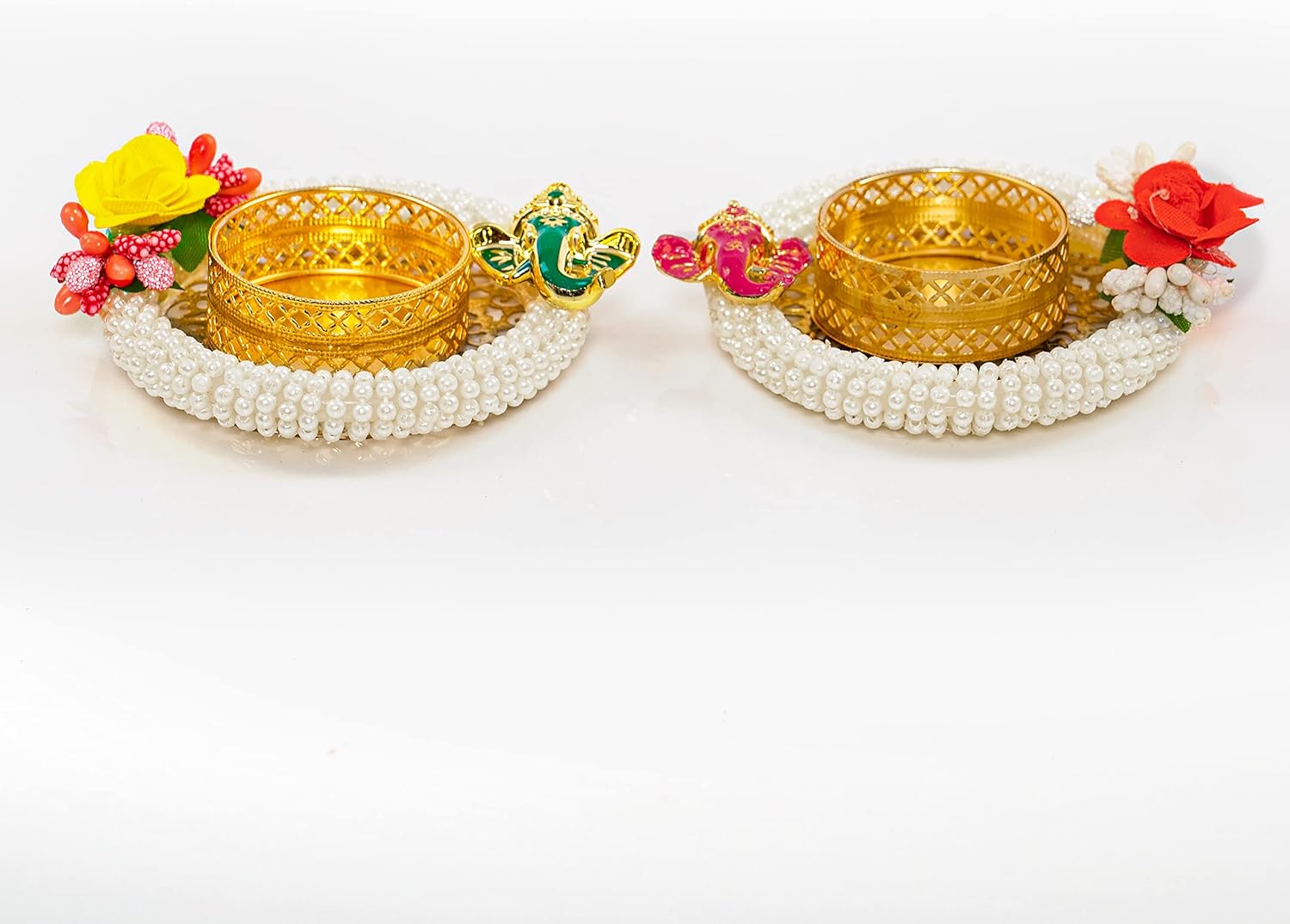 Handcrafted T Light Holder Lucky Charm Tealight Candle Stand T-Light Holder Decorative Lighting for Festival Décor Decoration and Gifting (White Beads- Set of 2)