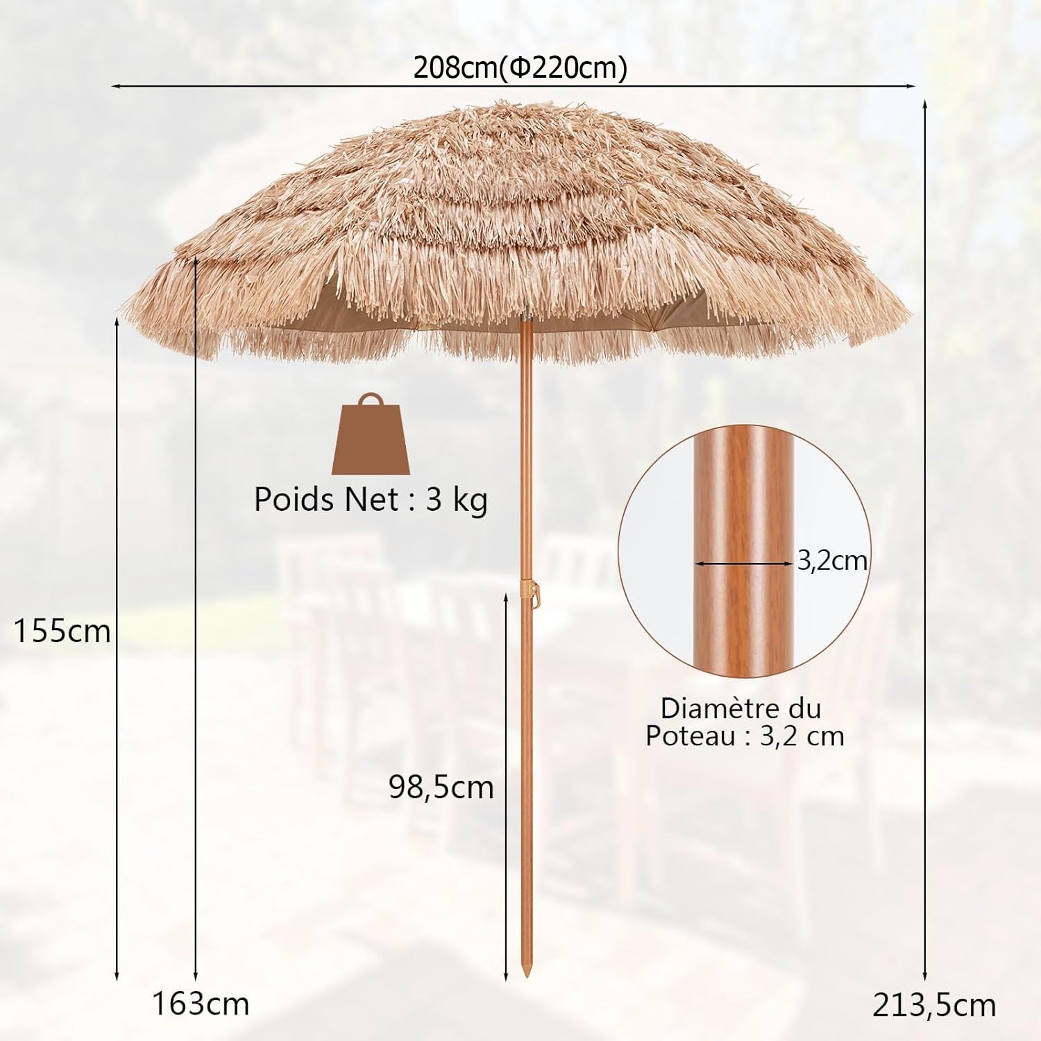 RELAX4LIFE Parasol Plage Tropicale Φ220 CM, Parasol Exotique Paille Hawaïen 8 Baleines Inclinable pour Balcon Patio Balcon