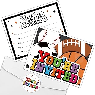REWIDPARTY Sports Party Invitations with Envelopes & Stickers（Set of 15） Shaped Fill-in Invitations Birthday Party Supplies for Football Soccer Baseball Basketball Party Celebration Cards for Kids