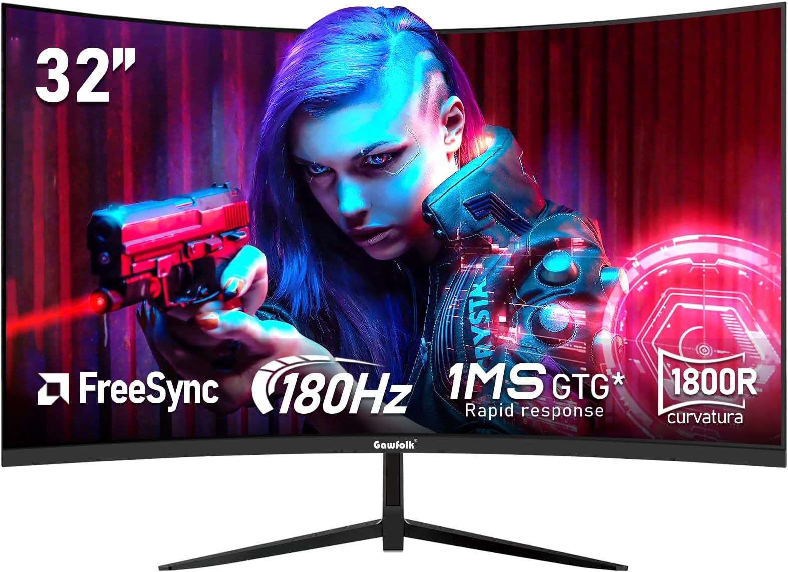 Gawfolk 32 Inch Curved 1800R PC Gaming Monitors 180hz, FHD 1080p 1ms without Bezel, freesync, 98% sRGB๏ผ178 ยฐ Angle View HDMIใDisplayPort, Compatible with Mural VESA100*100MM - Black