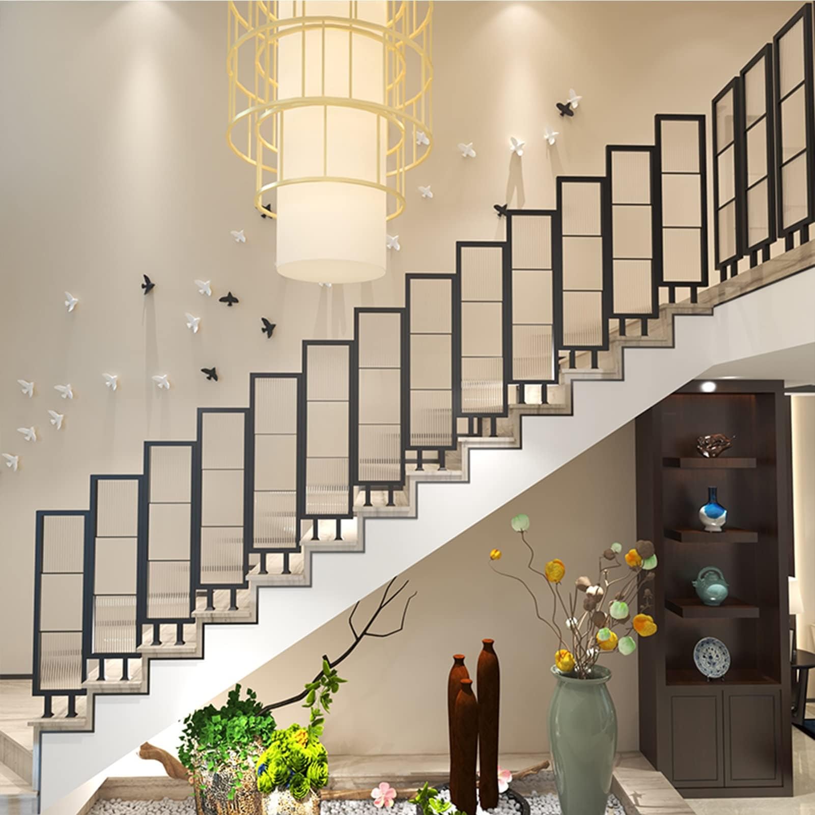 Villa Wrought Iron Staircase Handrail With Glass - Luxury Style Indoor Light, Tempered Glass Balcony Railing, Black, Independently Installable
