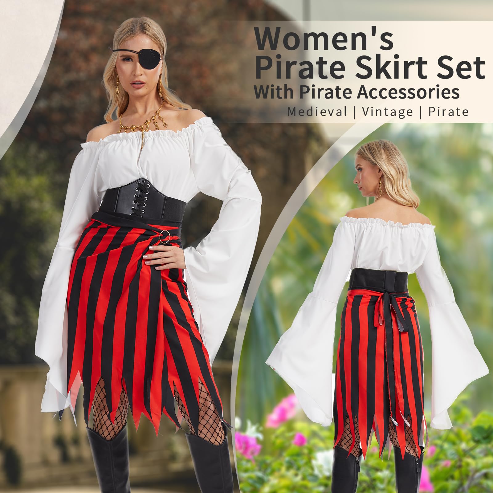 MVFEUIJ Women's Pirate Costume Accessory Set, Ladies Pirate Fancy Dress Accessories with Skirt, Headscarf, Eye Patch - Image 2