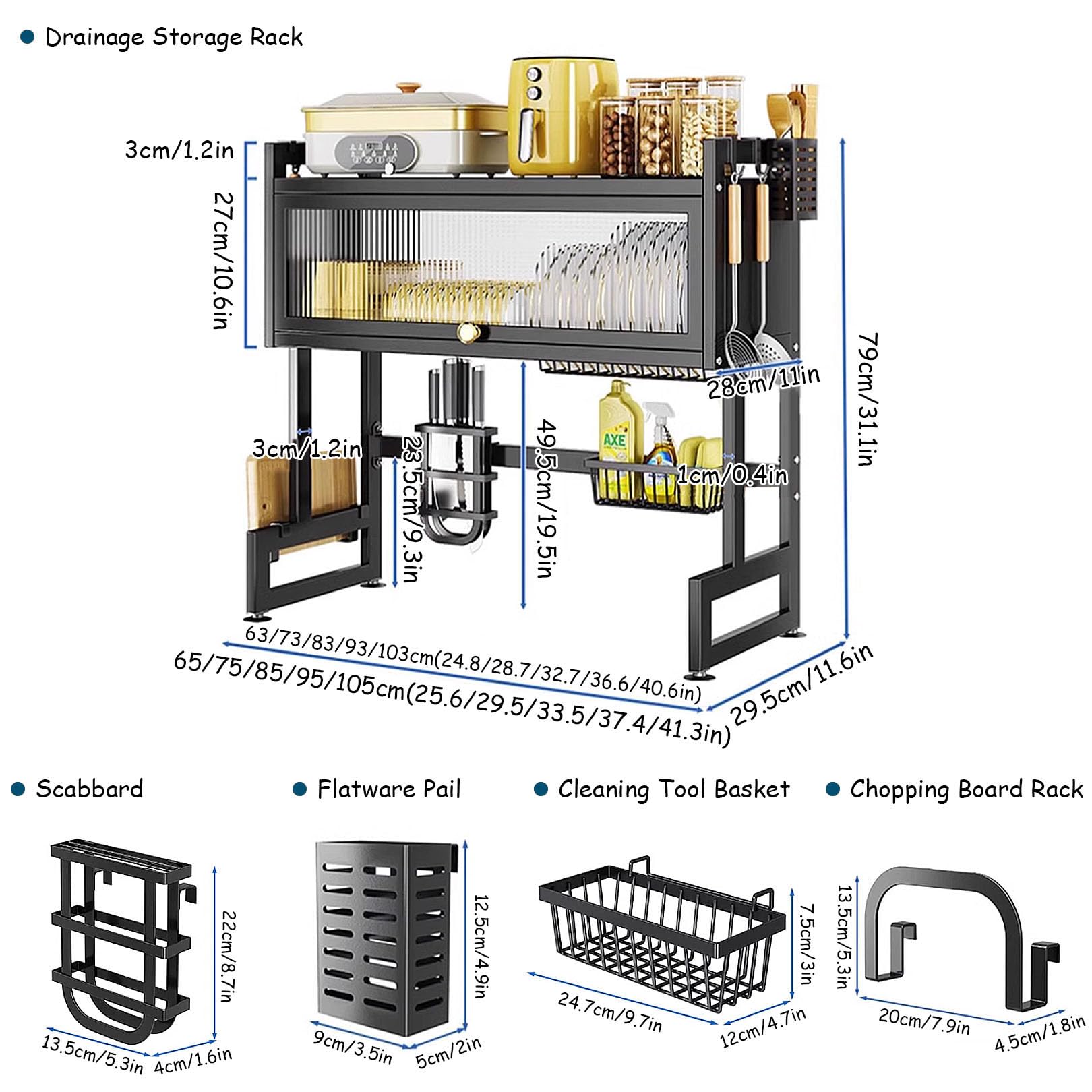 Escurridor de platos de cocina, 3 niveles de acero al carbono para fregadero con soporte para utensilios para encimera de cocina, puerta visible, diseño que ahorra espacio, fácil montaje
