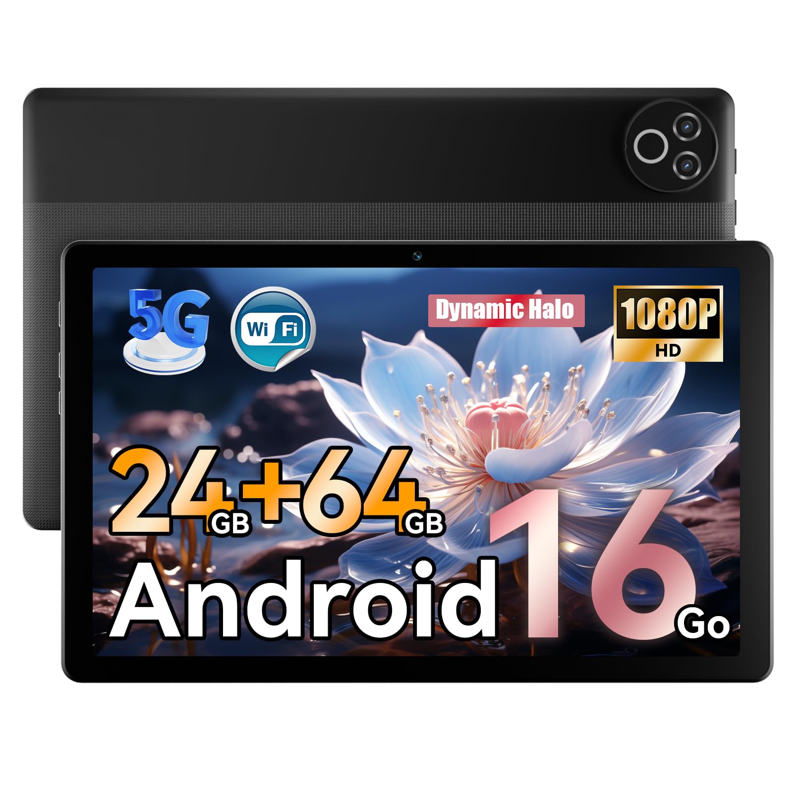 Tablet 10 Zoll, Android 16 Tablet mit 24GB RAM (4+20), 64GB ROM + 1TB TF, 800×1280 IPS Display, Octa-Core Prozessor, Dual Kamera, 6000mAh Akku, WiFi 6, Bluetooth 5.4, Schwarz