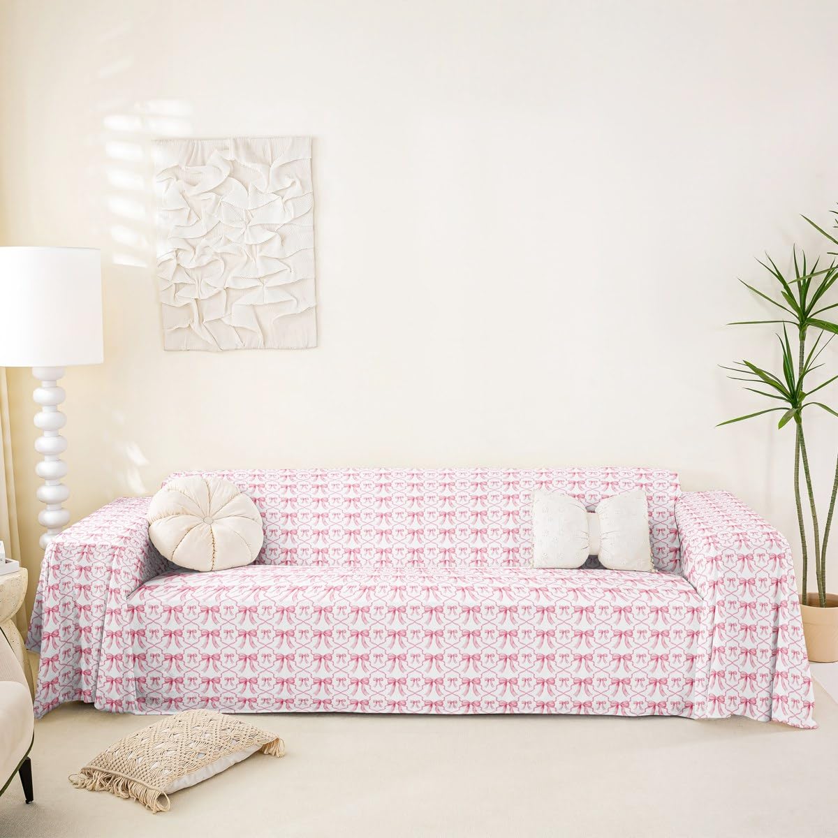 Homewish Pokrowiec na kanapę z różową kokardą dla dzieci nastolatków - urocza wstążka kokarda pokrowiec na sofę dla dziewcząt kawaii akwarela kokardki ochraniacz na kanapę różowy biały księżniczka