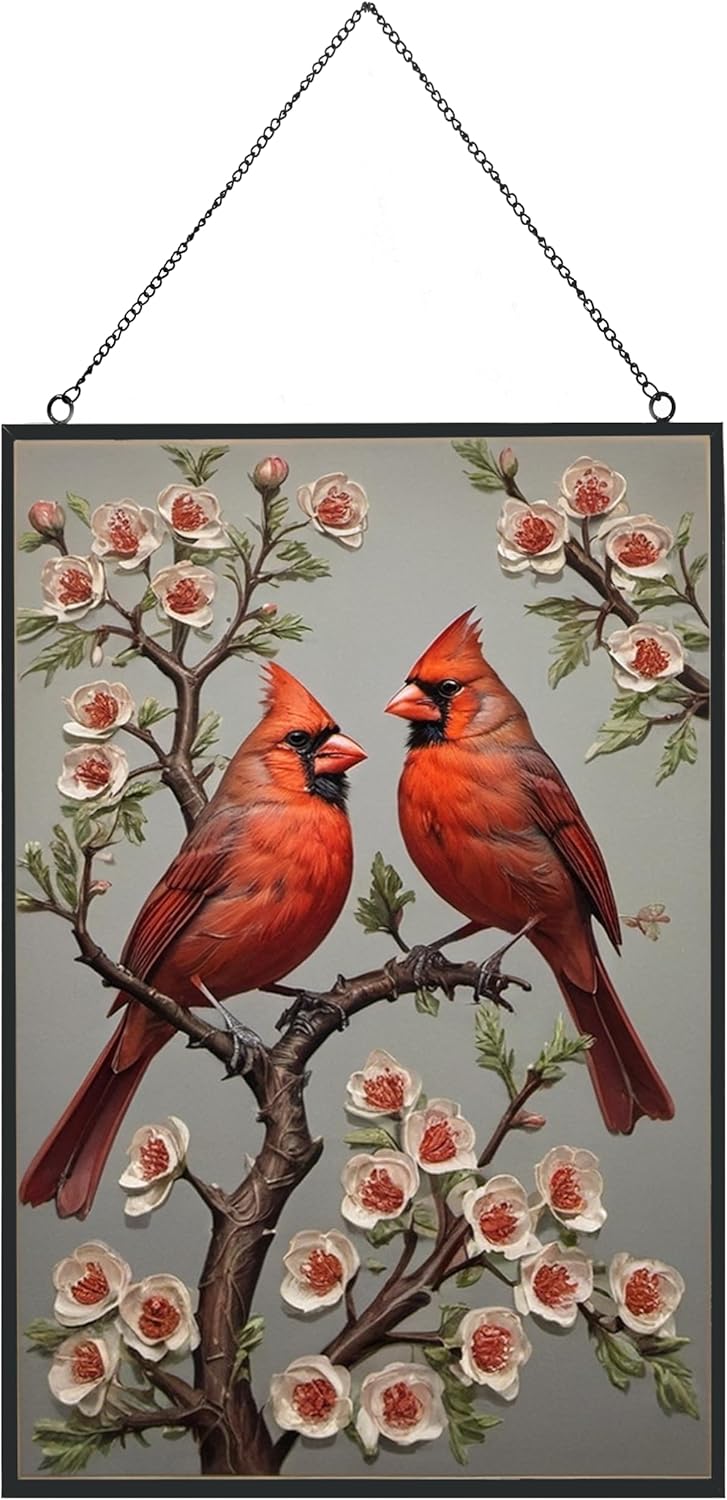 Large Stained Glass Window Hanging, Cardinal Suncatcher, Hand Painted Glass for Bird Lovers - Red Cardinal Memorial Gift for Women (10 x 15in)