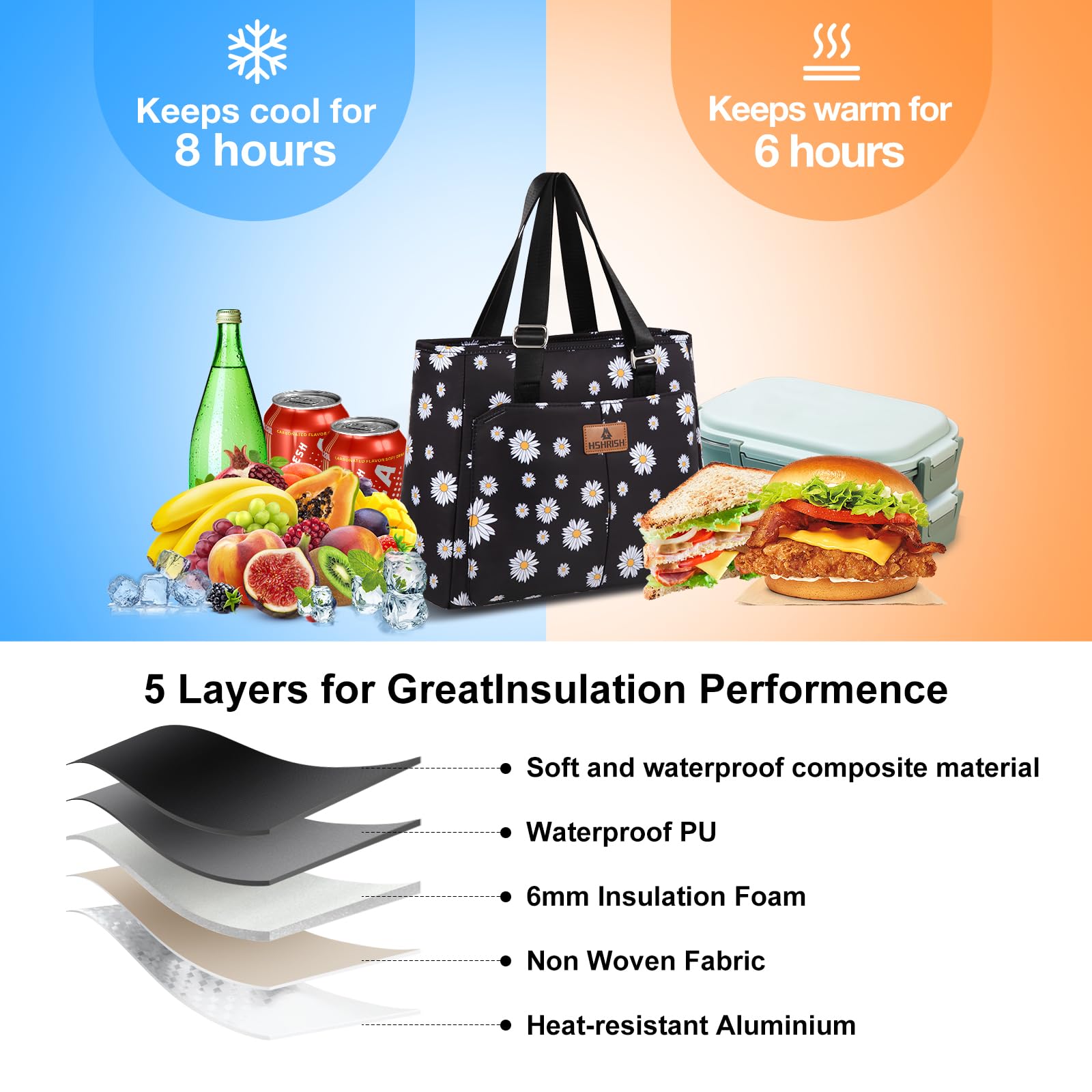 HSHRISH Borsa Termica Porta Pranzo, Impermeabile a prova di perdite, Riutilizzabile, Cibo Lavoro ufficio Shopping Scuola Viaggi Campeggio Picnic,15L Margherita