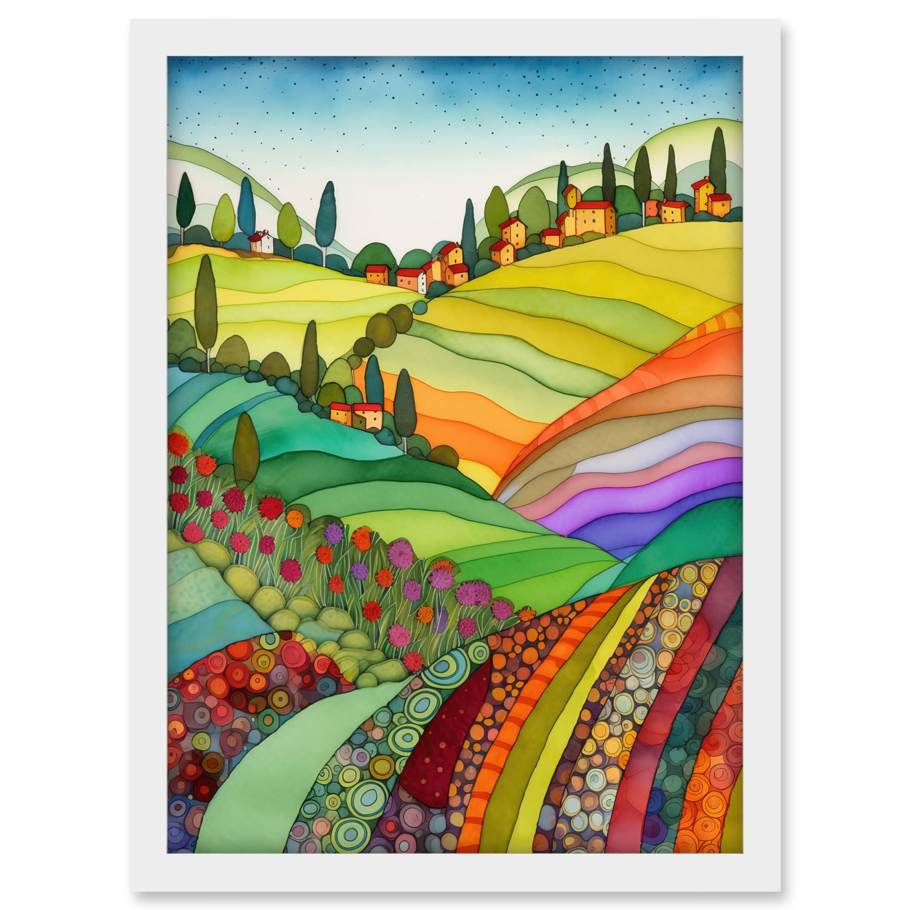 Artery8 Abstract Tuscany Hills Landscape Folk Art Artwork Framed A3 Wall Art Print