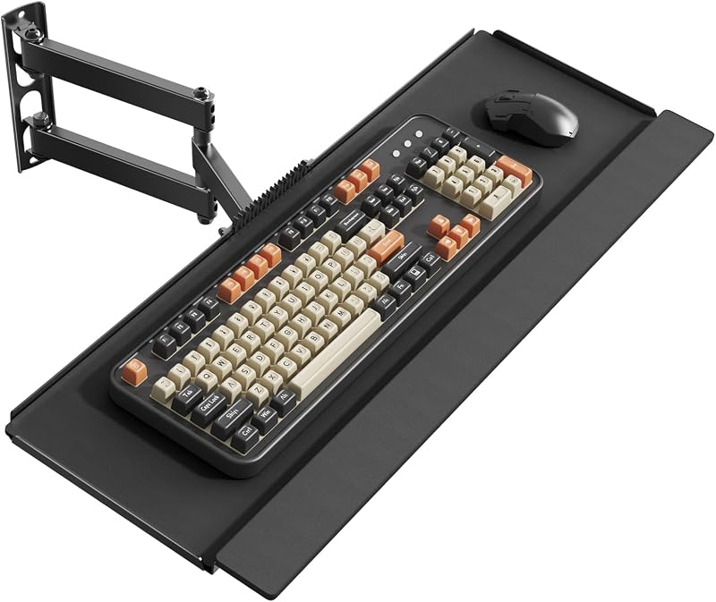 PUTORSEN Wall Mount Keyboard Tray with Adjustable Arm, 7.6"x25.8" Platform | Holds up to 19.8 lbs,Ergonomic Swivel & Tilt, Universal Keyboard and Mouse Tray for Home Office, Gaming & Streaming