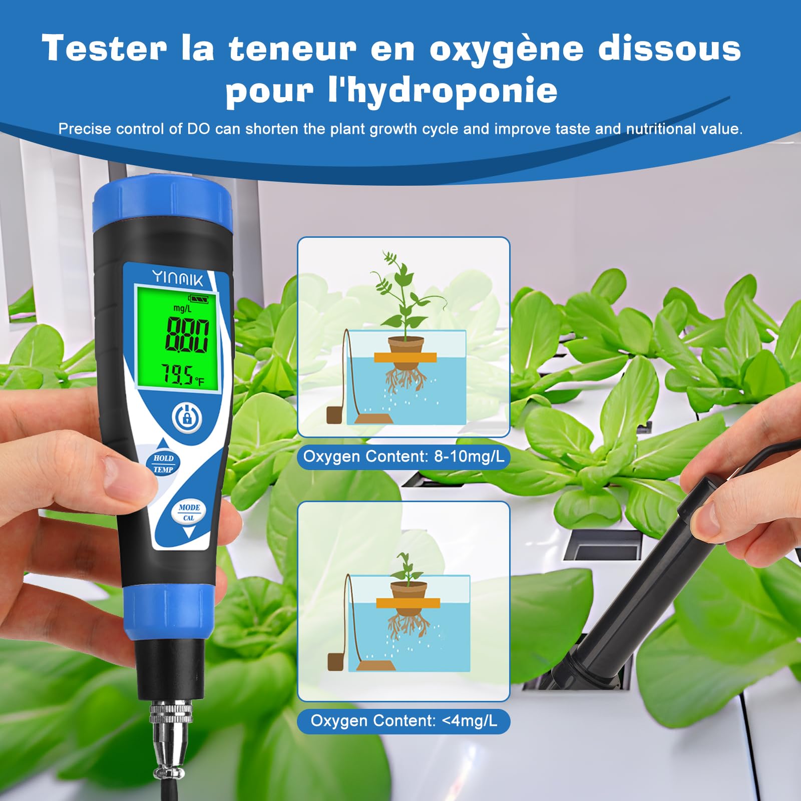 YINMIK Compteur D'oxygène Dissous Intelligent, Testeur D'oxygène Dissous Du Acuario,Medidor Portátil de Oxígeno Disuelto avec Électrode de 9,84 Pieds para hidroponía o estanques