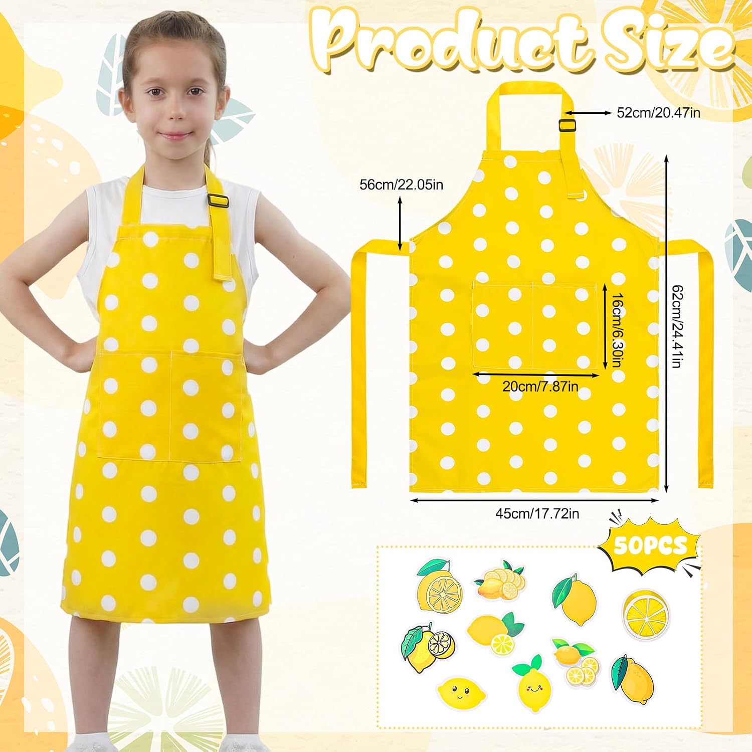 2 Pack Lemon Kids Aprons, Kids Aprons with 50pcs Lemon Stickers, Adjustable Lemonade Apron for Boys and Girls image 2